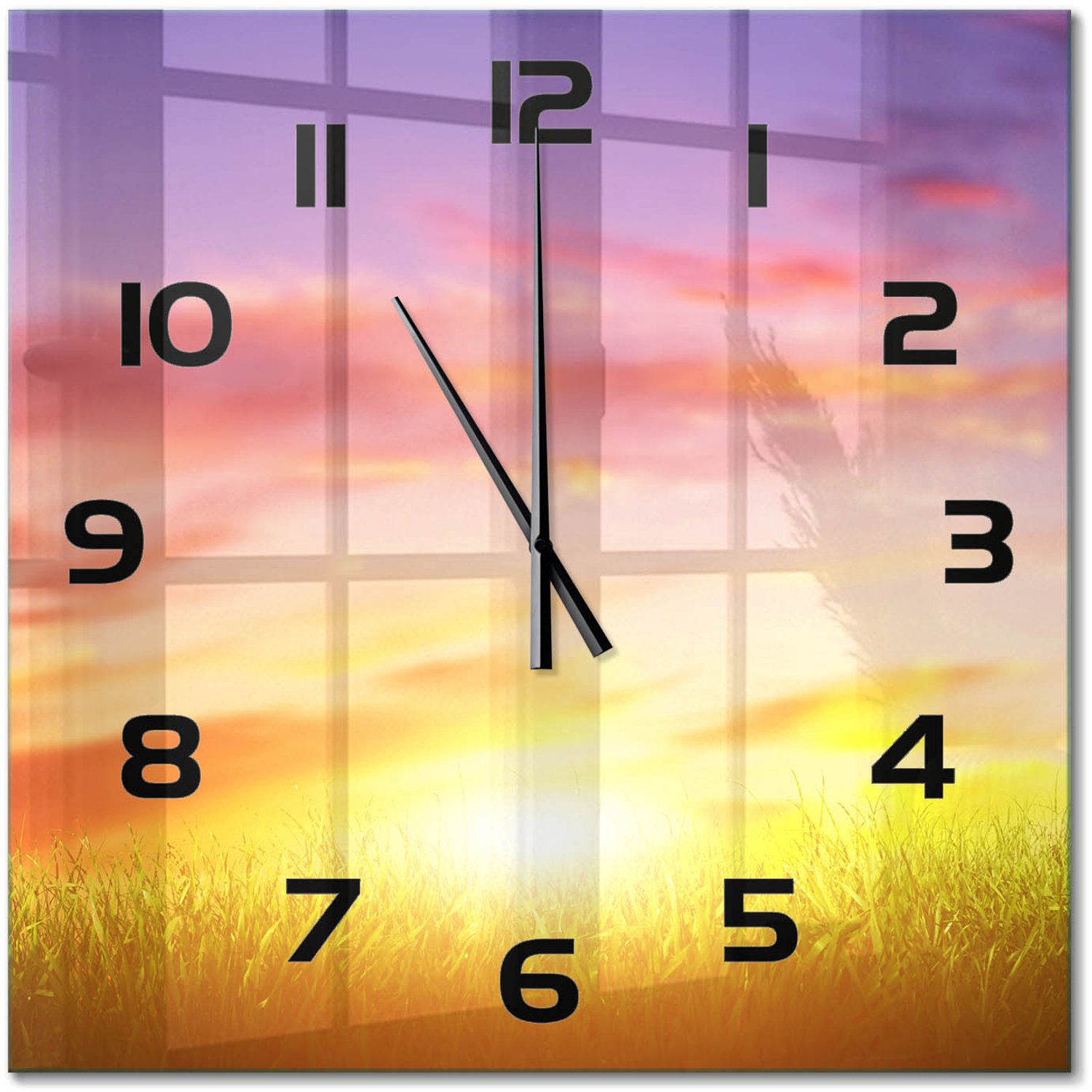 TULUP Wandklok - Zonsondergang Klok Glas Met Opdruk - 60x60 cm - Veelkleurig Moderne Wandklok Glas - Zwarte handen - Vierkante Klok - Decoratieve Glazen Klok - Glazen Wandklok Design