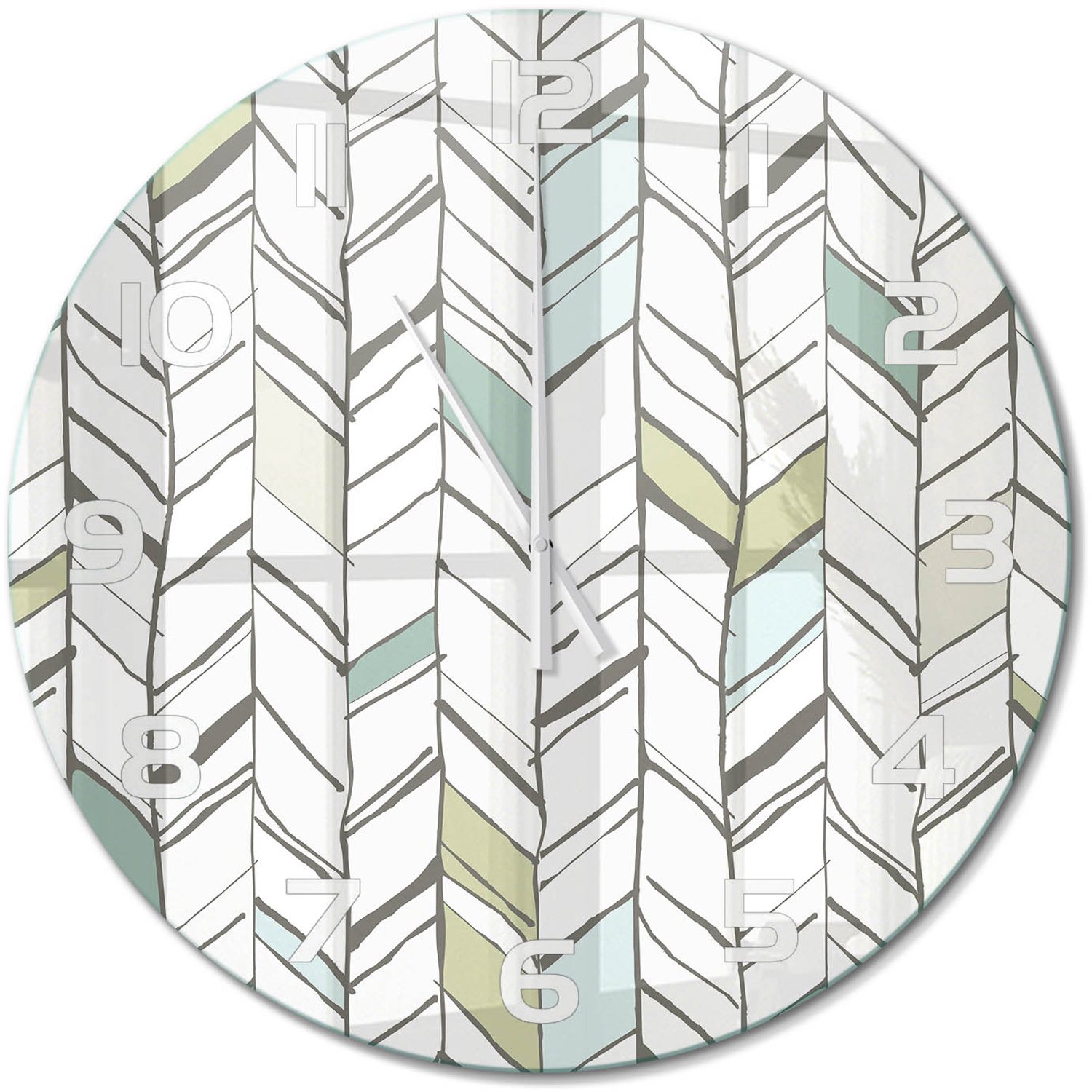 TULUP Wandklok - Visgraatpatroon Decoratieve Glazen Klok - fi60 cm - Groente Glazen Wandklok Design - Witte handen - Ronde Klok - Glazen Klok Met Print - Wandklok Glas Met Motief