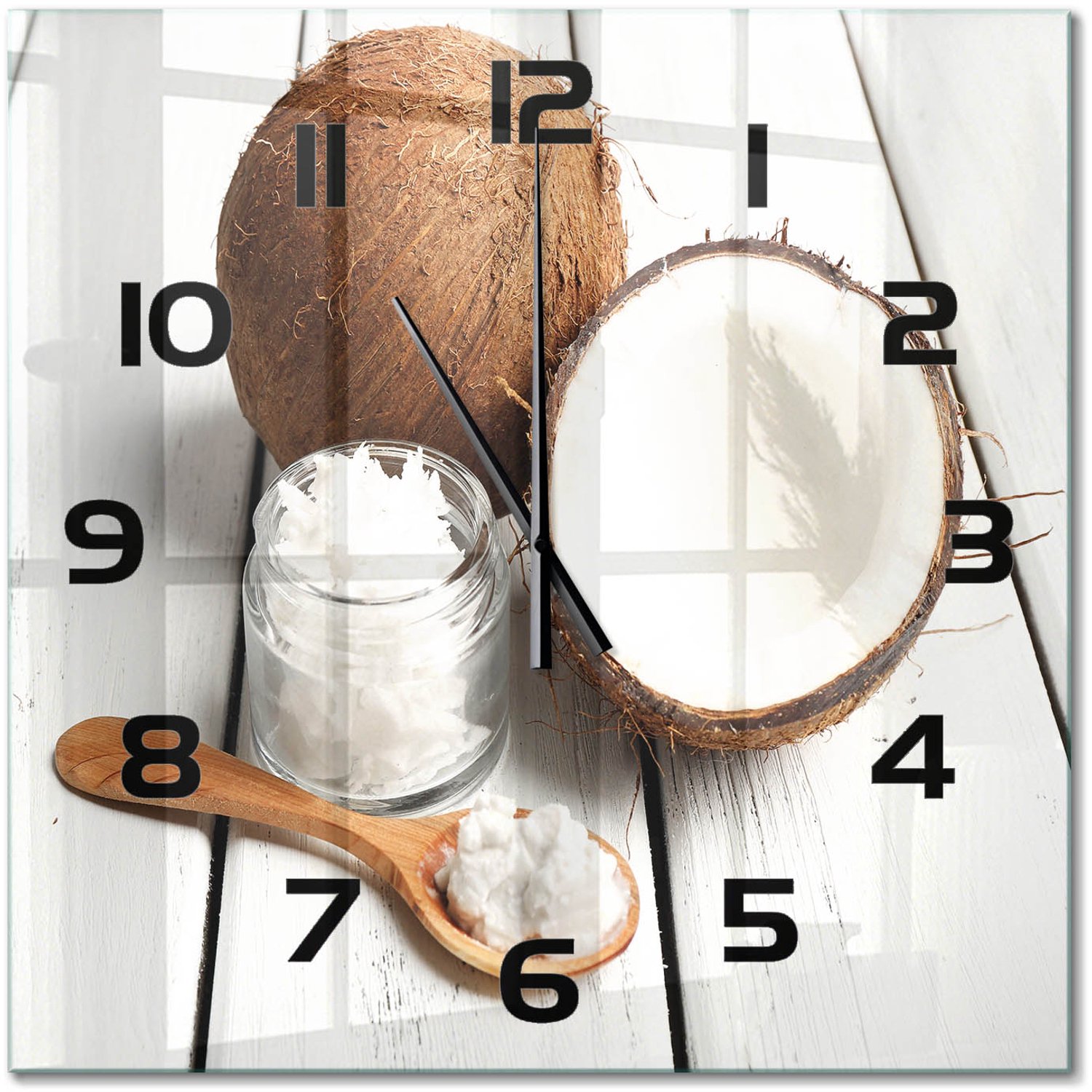 TULUP Wandklok - Kokosolie Klok Glas Met Opdruk - 60x60 cm - Bruin Moderne Wandklok Glas - Zwarte handen - Vierkante Klok - Decoratieve Glazen Klok - Glazen Wandklok Design