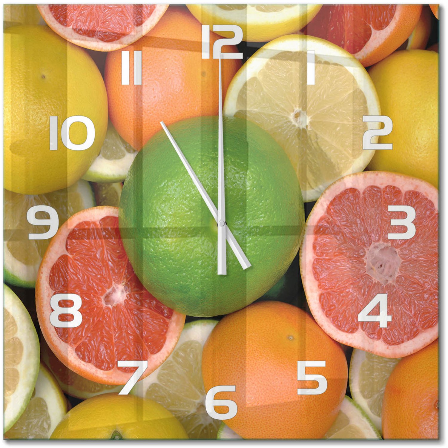 TULUP Wandklok - Citrusvruchten Glazen Klok Met Print - 60x60 cm - Veelkleurig Wandklok Glas Met Motief - Witte handen - Vierkante Klok - Wandklok Glas Decoratie - Gekleurde Glazen Klok