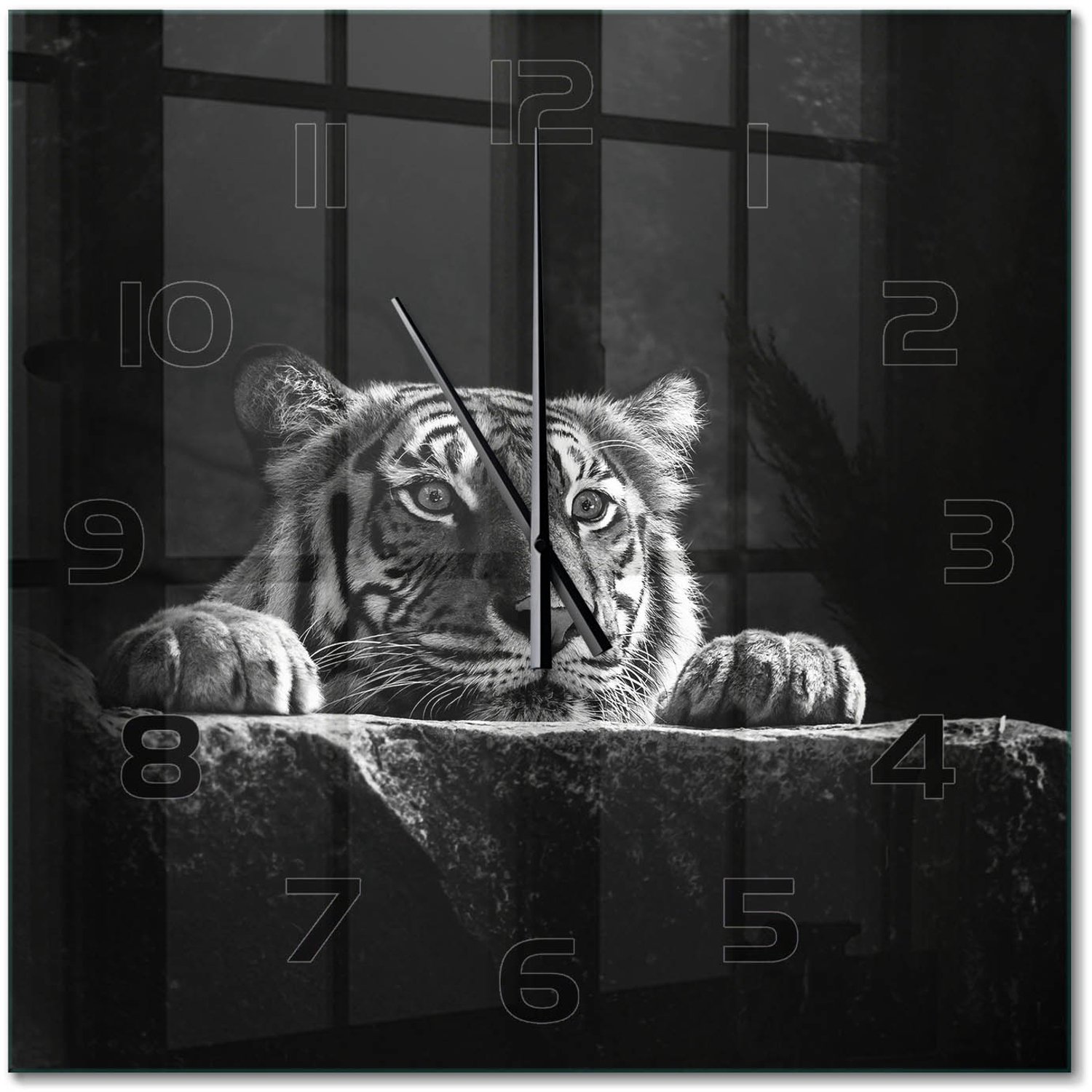 TULUP Wandklok - Tijger Wandklok Glas Decoratie - 60x60 cm - Zwart-wit Gekleurde Glazen Klok - Zwarte handen - Vierkante Klok - Klok Glas Met Opdruk - Moderne Wandklok Glas