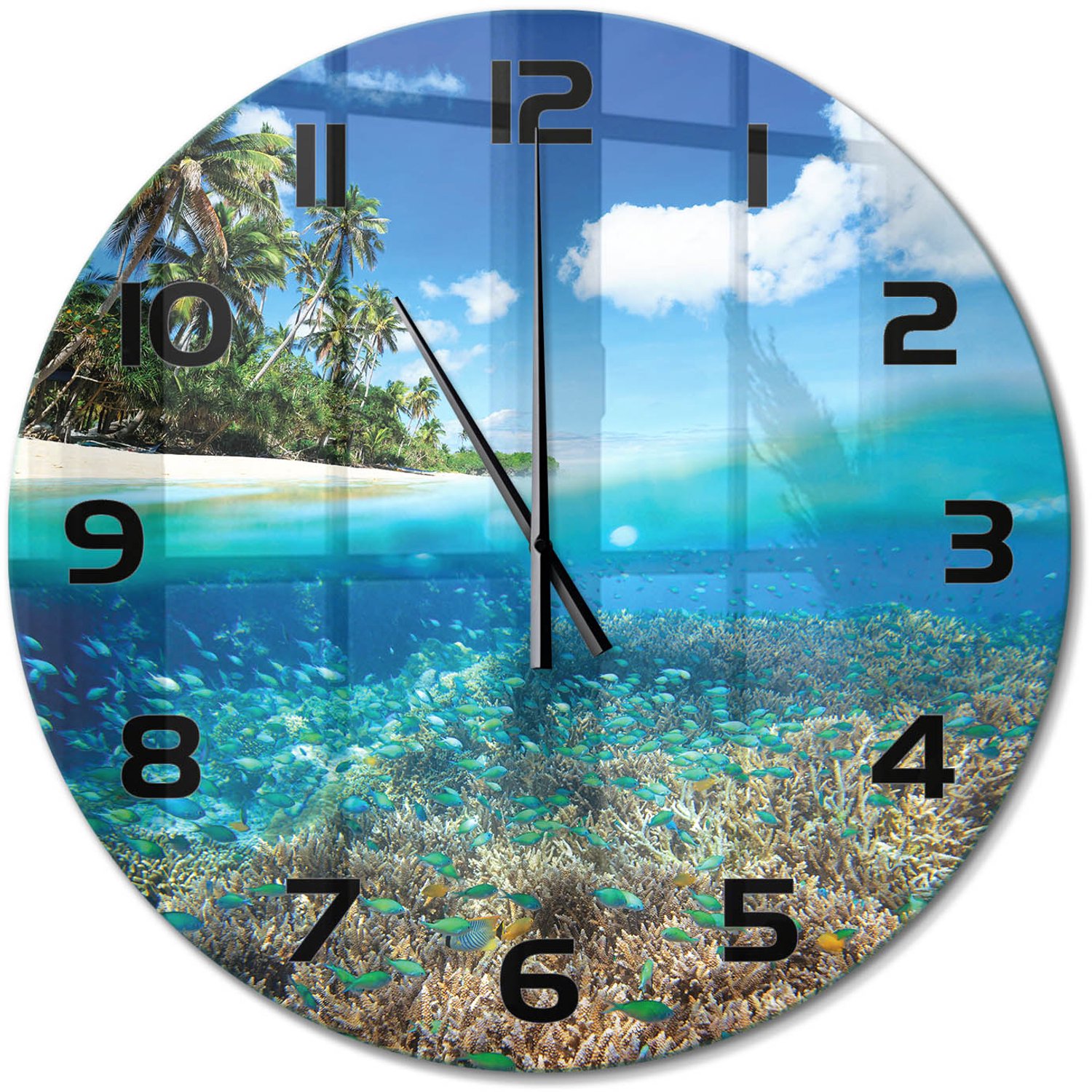 TULUP Wandklok - Koraalrif Gekleurde Glazen Klok - fi60 cm - Blauw Glazen Klok Met Print - Zwarte handen - Ronde Klok - Moderne Wandklok Glas - Wandklok Glas Decoratie