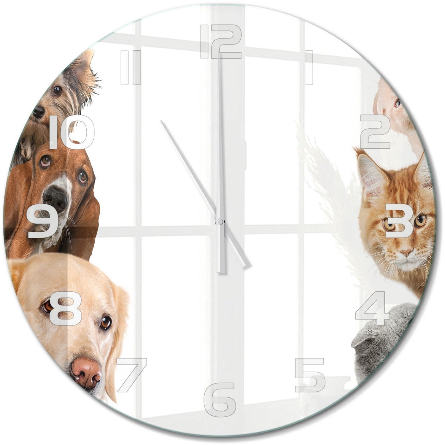 TULUP Wandklok - Honden en katten Wandklok Glas Decoratie - fi60 cm - Beige Gekleurde Glazen Klok - Witte handen - Ronde Klok - Klok Glas Met Opdruk - Moderne Wandklok Glas