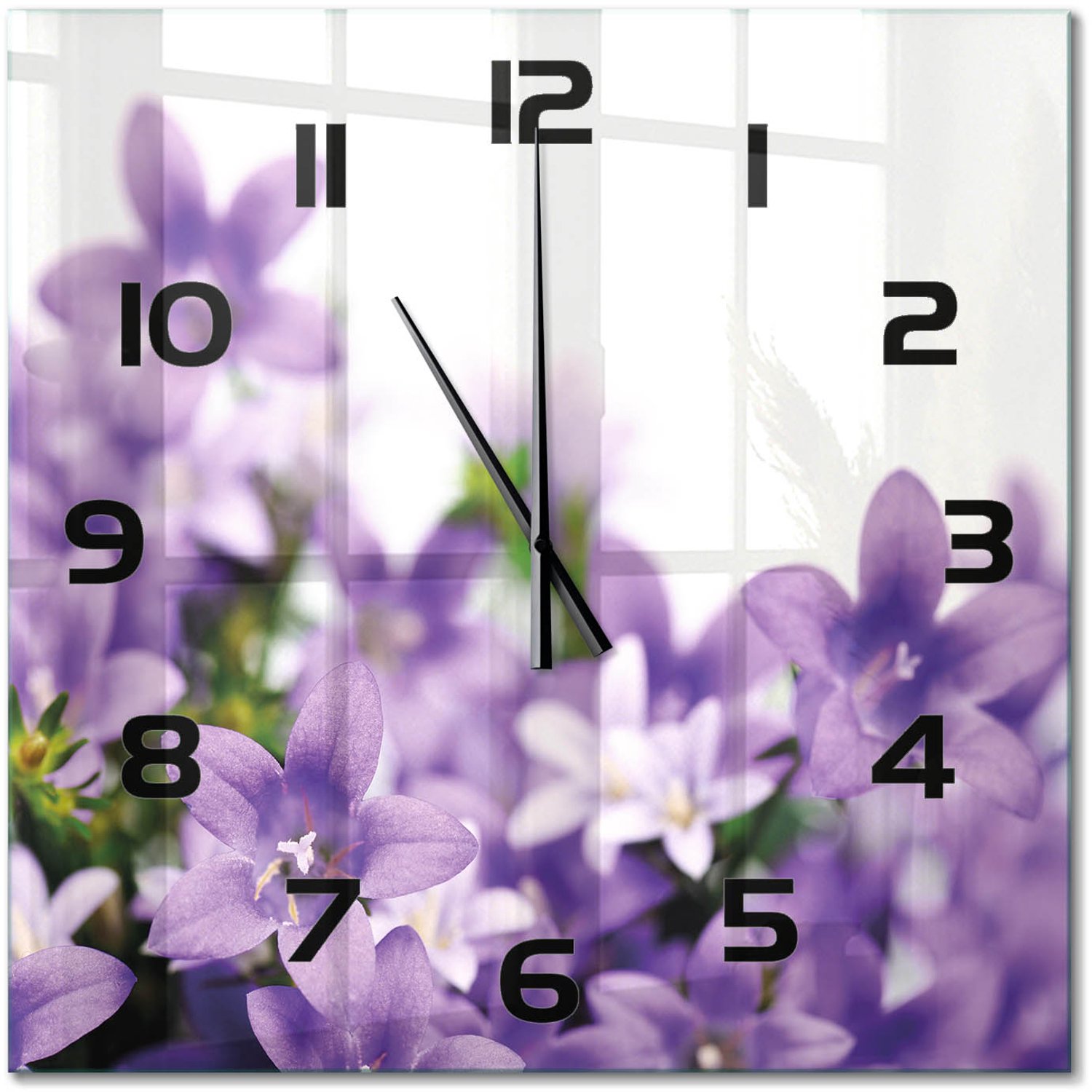 TULUP Wandklok - Paarse klokjes Wandklok Glas Met Motief - 60x60 cm - Paars Decoratieve Glazen Klok - Zwarte handen - Vierkante Klok - Gekleurde Glazen Klok - Glazen Klok Met Print