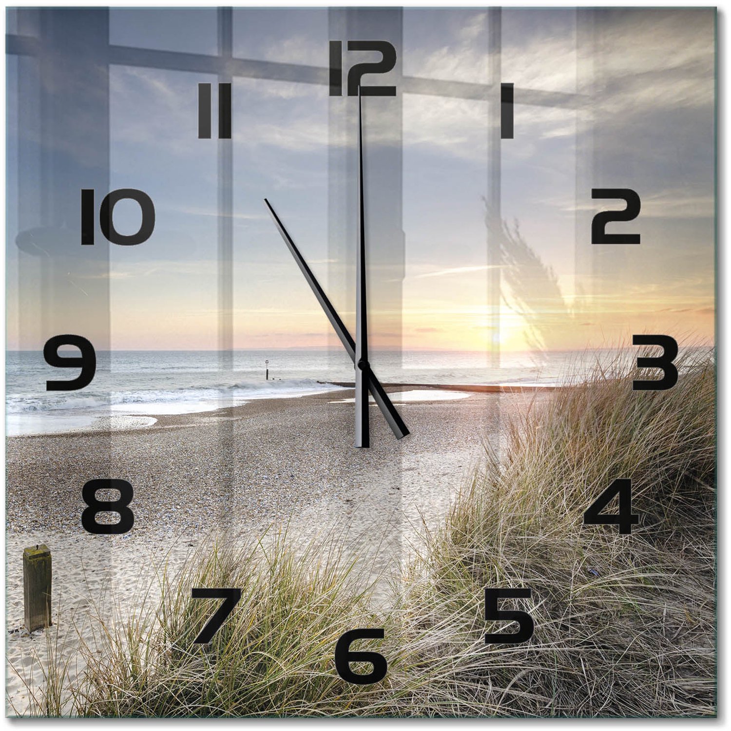 TULUP Wandklok - Zonsondergang en duinen Klok Glas Met Opdruk - 60x60 cm - Beige Moderne Wandklok Glas - Zwarte handen - Vierkante Klok - Decoratieve Glazen Klok - Glazen Wandklok Design