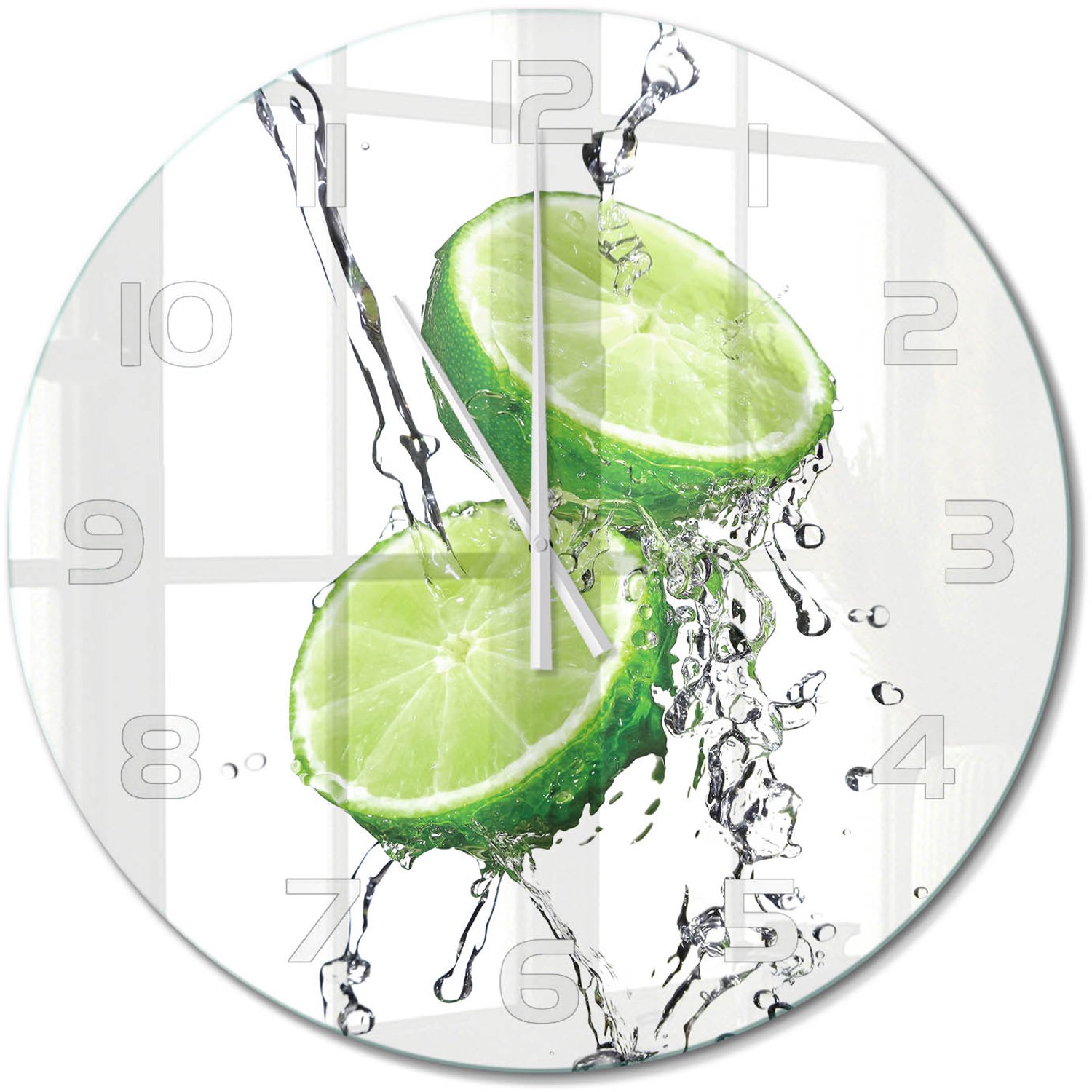 TULUP Wandklok - Kalk en water Decoratieve Glazen Klok - fi60 cm - Groente Glazen Wandklok Design - Witte handen - Ronde Klok - Glazen Klok Met Print - Wandklok Glas Met Motief