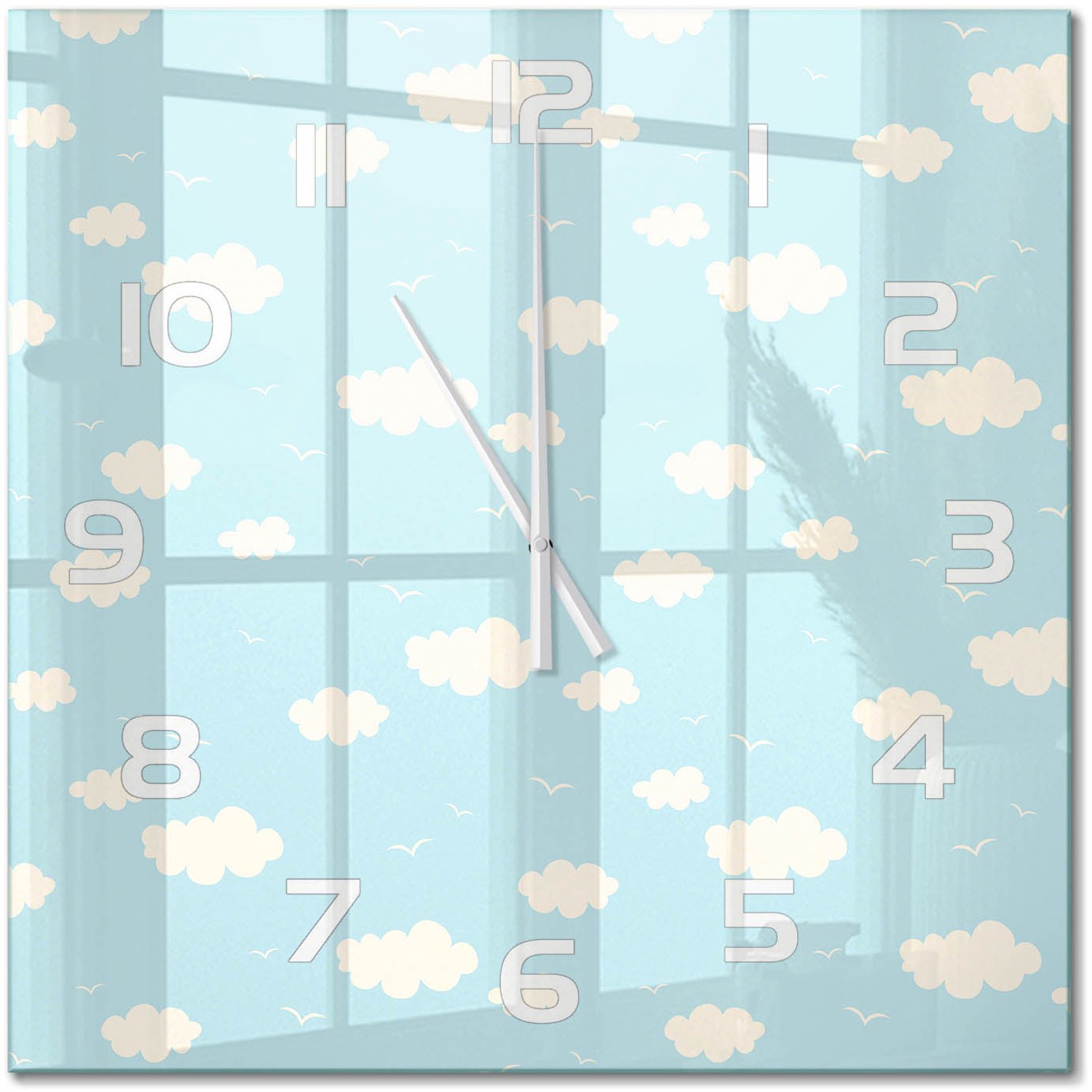 TULUP Wandklok - Wolk Wandklok Glas Met Motief - 60x60 cm - Blauw Decoratieve Glazen Klok - Witte handen - Vierkante Klok - Gekleurde Glazen Klok - Glazen Klok Met Print