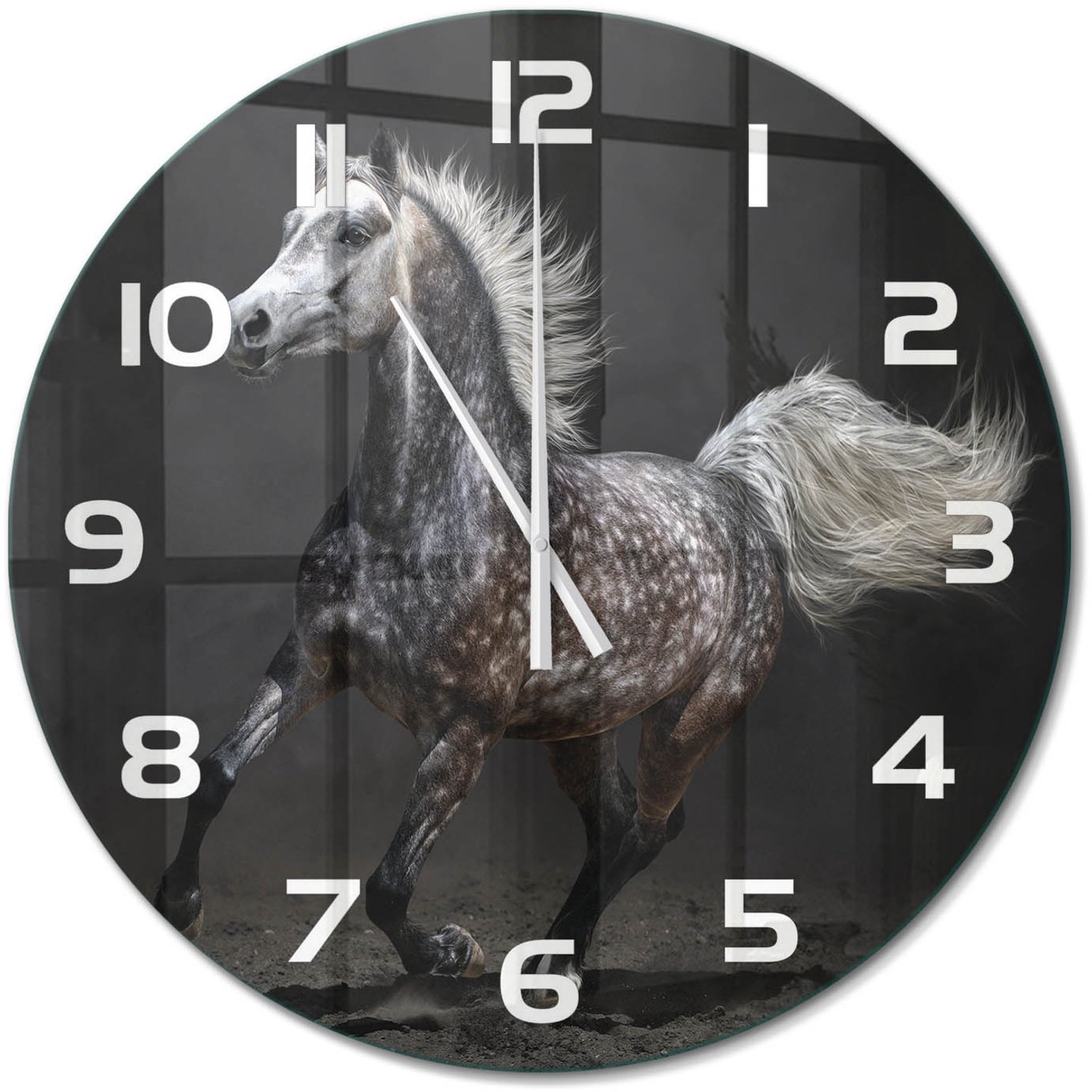 TULUP Wandklok - Grijze Arabische Paard Glazen Klok Met Print - fi60 cm - Zwart Wandklok Glas Met Motief - Witte handen - Ronde Klok - Wandklok Glas Decoratie - Gekleurde Glazen Klok