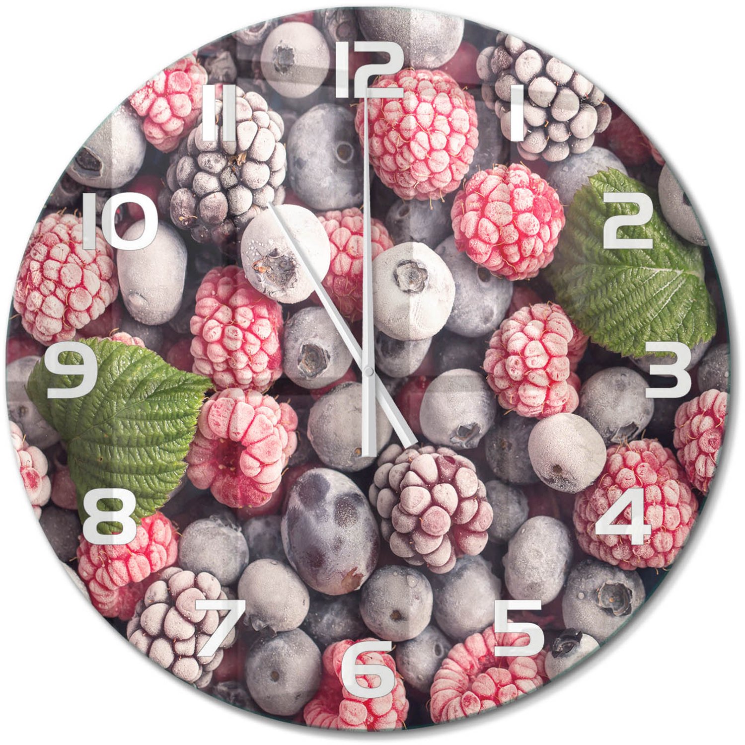TULUP Wandklok - Bevroren bosvruchten Wandklok Glas Met Motief - fi60 cm - Blauw Decoratieve Glazen Klok - Witte handen - Ronde Klok - Gekleurde Glazen Klok - Glazen Klok Met Print