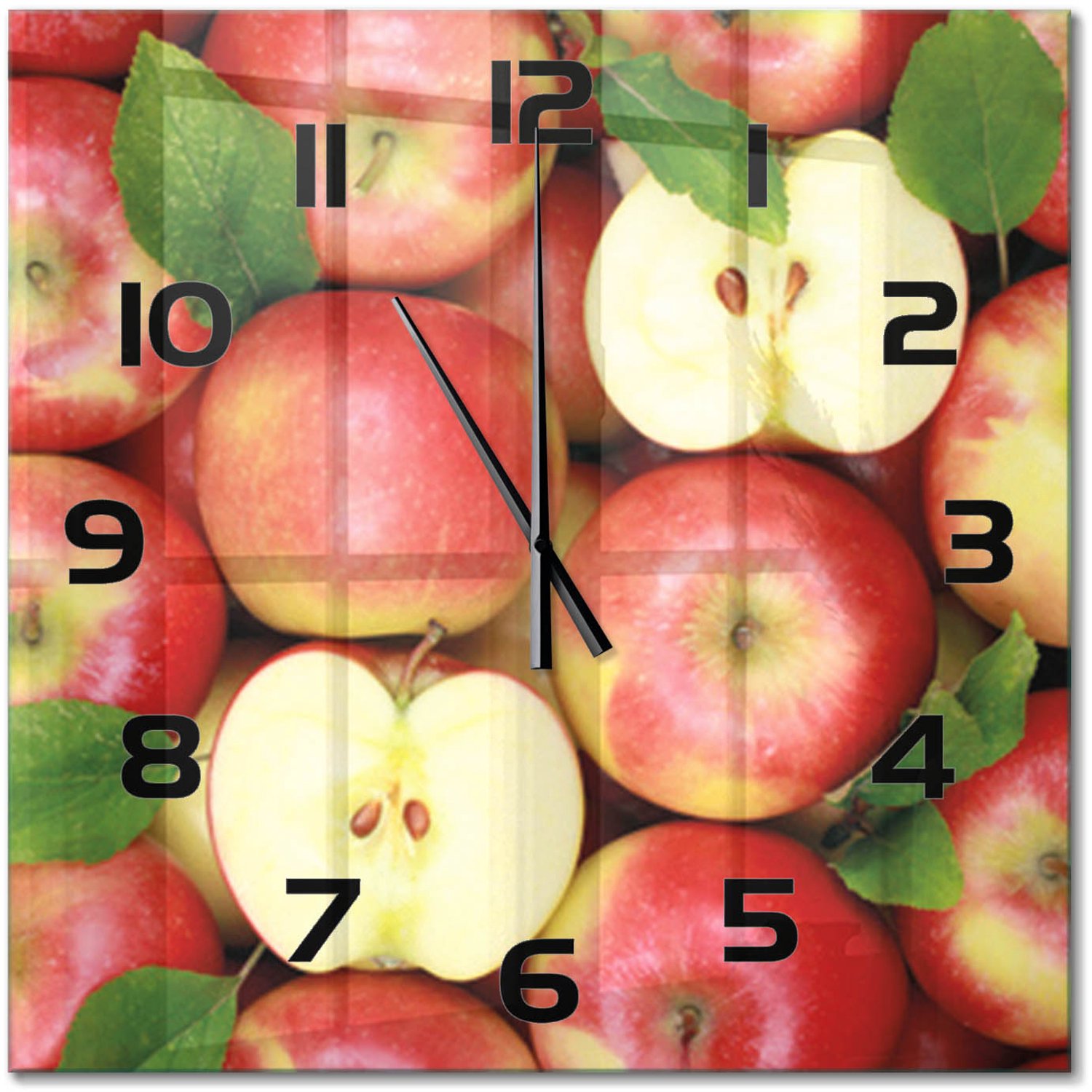 TULUP Wandklok - Appels Klok Glas Met Opdruk - 60x60 cm - Rood Moderne Wandklok Glas - Zwarte handen - Vierkante Klok - Decoratieve Glazen Klok - Glazen Wandklok Design