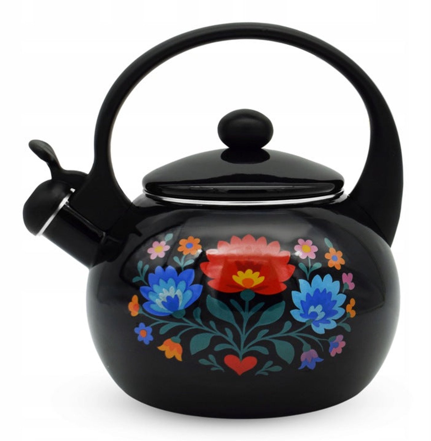 Meyerhoff Black Folk fluitketel 2,2L – Emaille inductie fluitketel – Traditioneel folk design – Zwart met bloemen