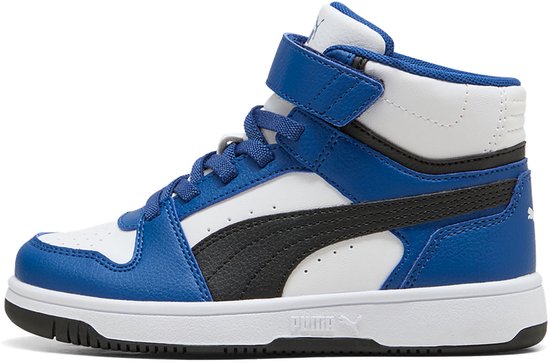 PUMA Rebound Slam Mid sneaker in wit, blauw en zwart met klittenbandsluiting en PUMA-logo op de zool.