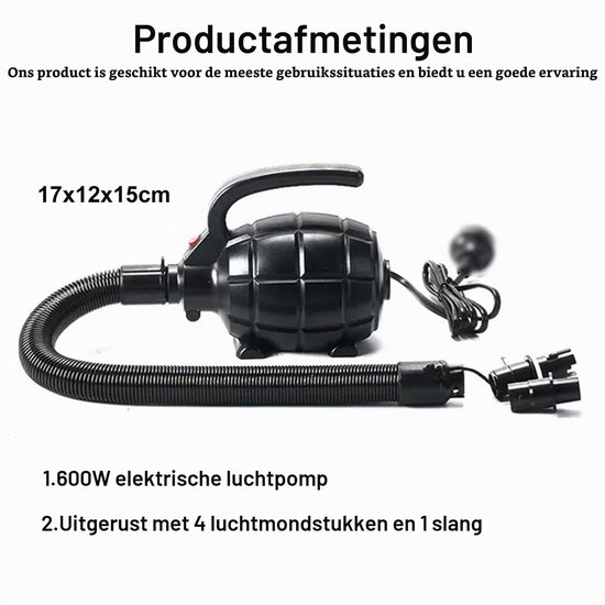 Elektrische luchtpomp, 600 W, met 4 sproeiers, elektrische pomp, oplaadbare blaaspomp, draagbare opblaaspomp voor opblaasbare bedden, matrassen, zwembaden — afbeelding 3