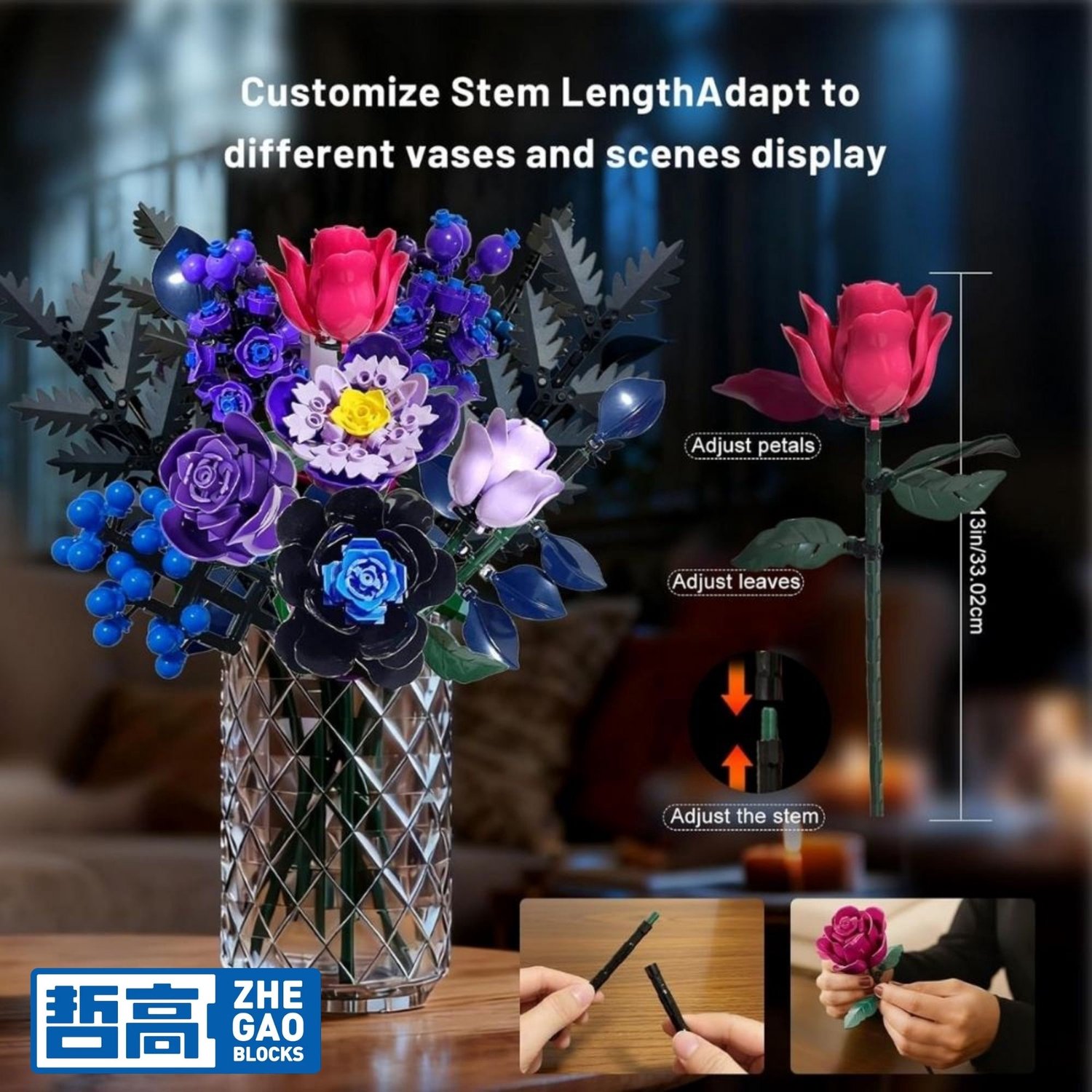 Zhe Gao 11542 Paarse Rozen BIoemen Boeket bouwset | Botanical Flowers Collection 2026 modelbouw | Classic Creator speelgoed bouwpakketten voor volwassenen & kinderen | kunstbloemen niet geschikt voor lego | bouwdoos met 759 bouwstenen — afbeelding 5