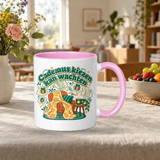 Retro jaren 70 Mok 'Cadeaus kiezen kan wachten' – Vintage theemok met dikke ronde letters voor ontspanning en cadeauzoekers — cadeau in Cadeau-ideeën - foto 2