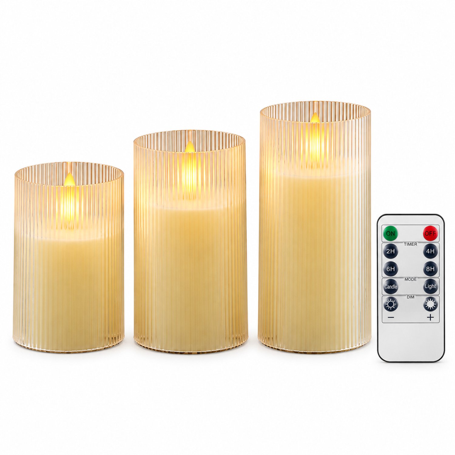 SWGOTA led kaarsen, set van 3 met afstandsbediening, ivoorwit met verticale ribbels, diameter 8 cm, hoogtes 10/12,5/15 cm