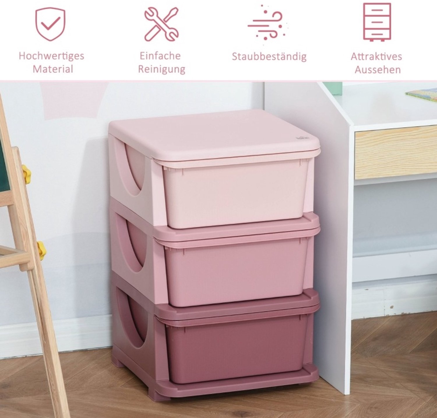 MIVRAY Kinderopbergkast - Drie Uitneembare Laden En Zitvlak - Voor Speelkamer En Kinderkamer - Kunststof Roze - 37 Bij 37 Bij 56,5 Cm