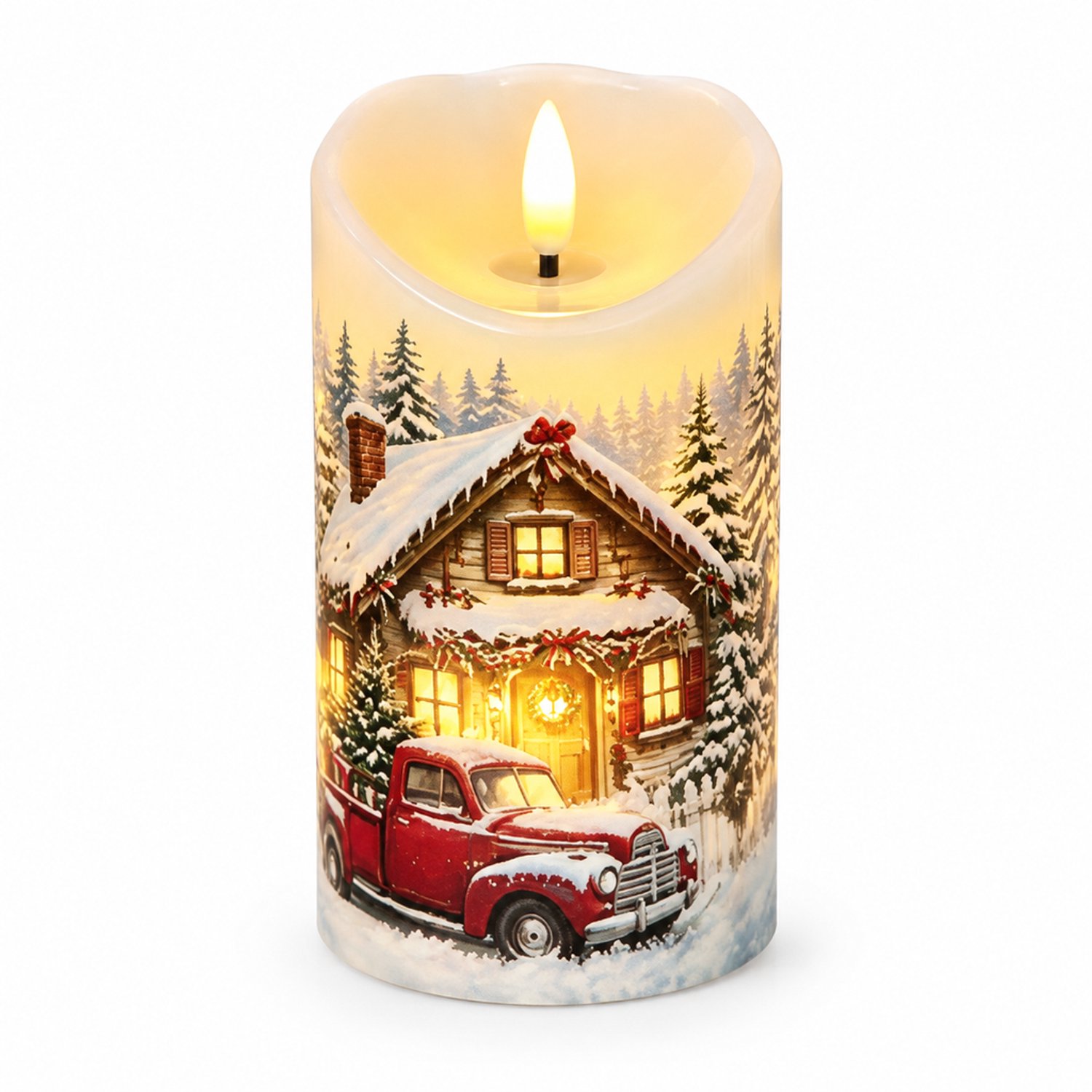 led kaarsen: 1 stuk, 7,5 x 12,5 cm, schuine bovenrand met sneeuwlandschap, warm licht, handmatige bediening, op batterijen, zonder batterijen