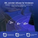 Illustratie van bewegingsisolatie met geluidsgolven. Tekst: Stil, zonder elkaar te hinderen, 3db, 6db, 10db.