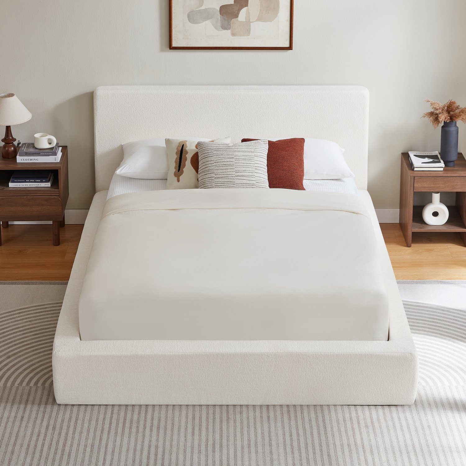 REDOM Bedframe 140x200 cm - Gestoffeerd hoofdbord en versterkt stalen frame - Crèmewit