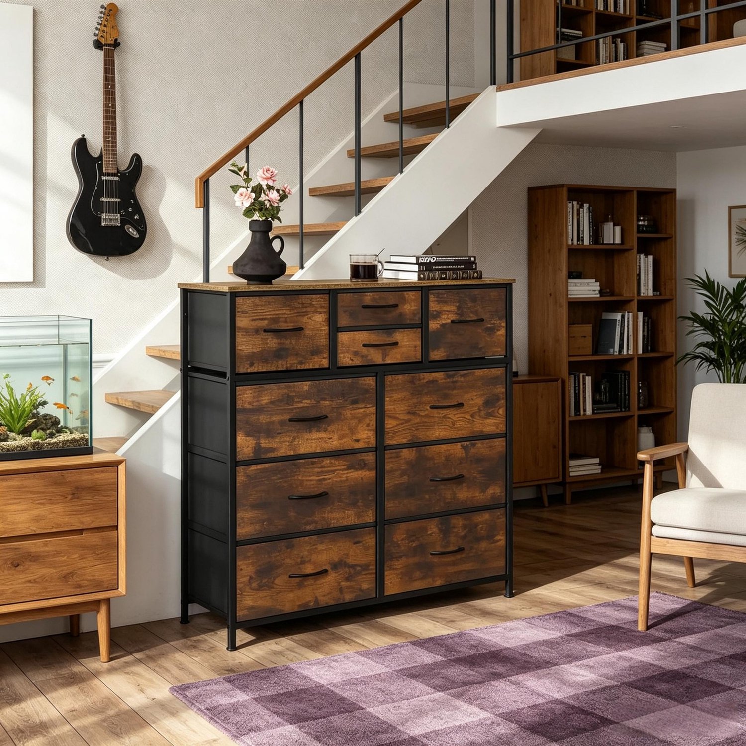 Clruro Ladekast - 100×30×100,5 cm - Vintage - 10 Stoffen Laden - Hout/Metaal - Bruin/Zwart Zwart, rustbruin