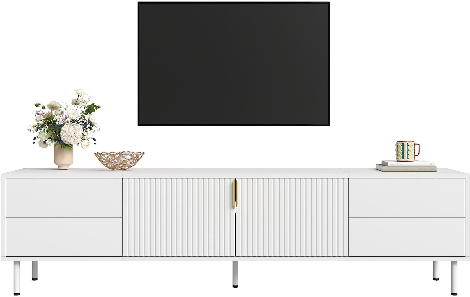 Clruro TV-Meubel - 180×40×49,5 cm - Geribbelde Deuren - Laden - MDF/Spaanplaat - Wit