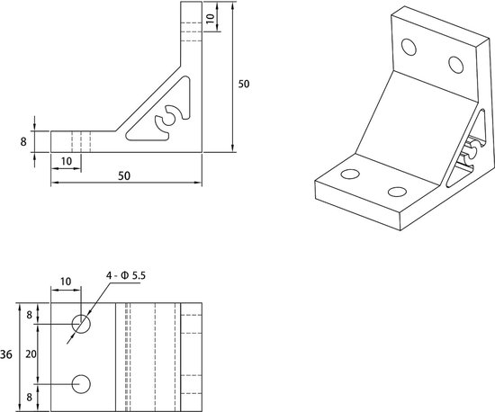 37 x 50 mm, voor aluminium profiel, 4-gat montage, 8 stuks — afbeelding 3
