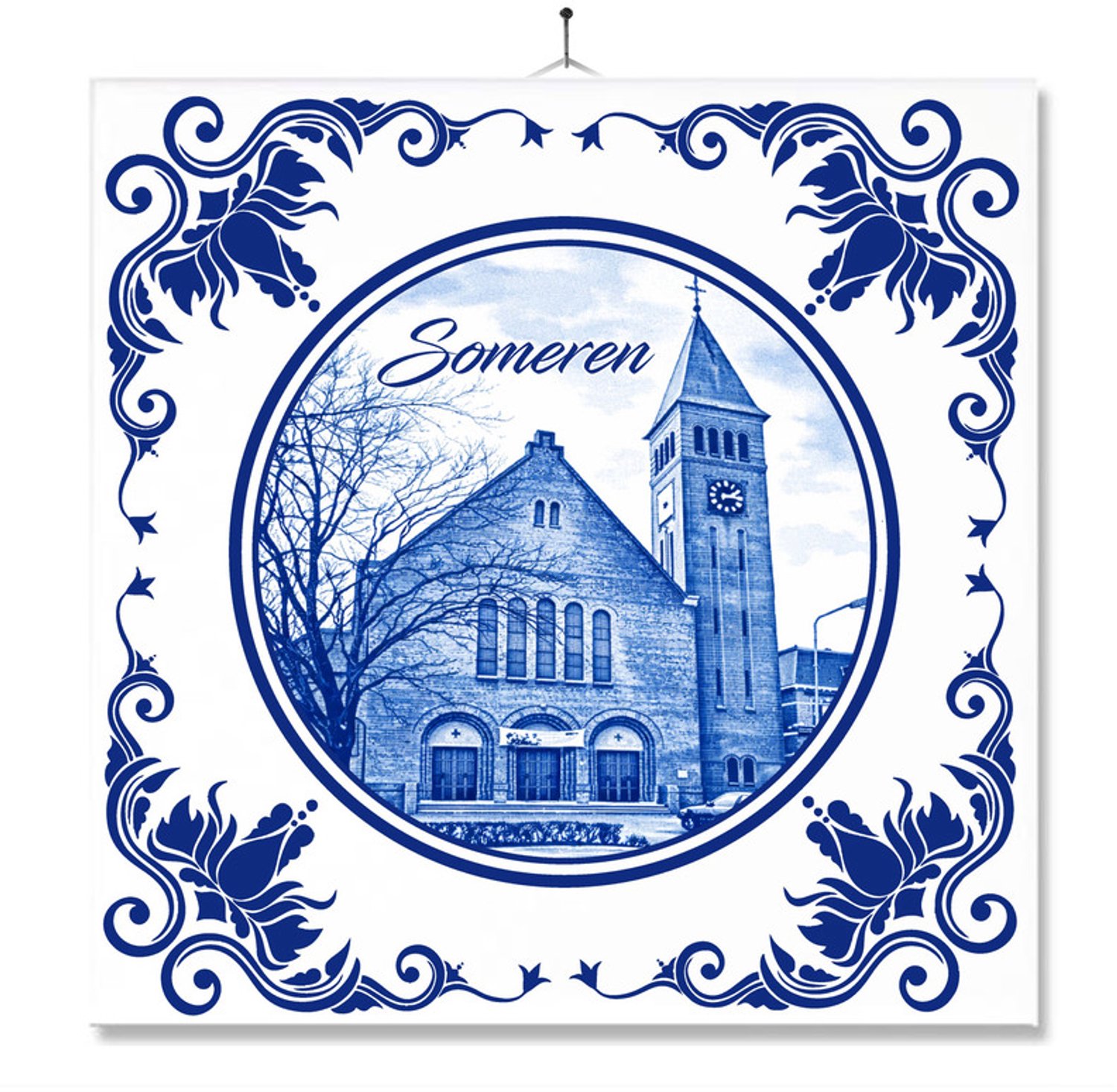 MC Living Tegel Met Opdruk | Someren | Delft Blauw | Cadeau | Inclusief Geschenkdoos | Standaard | Ophangsysteem