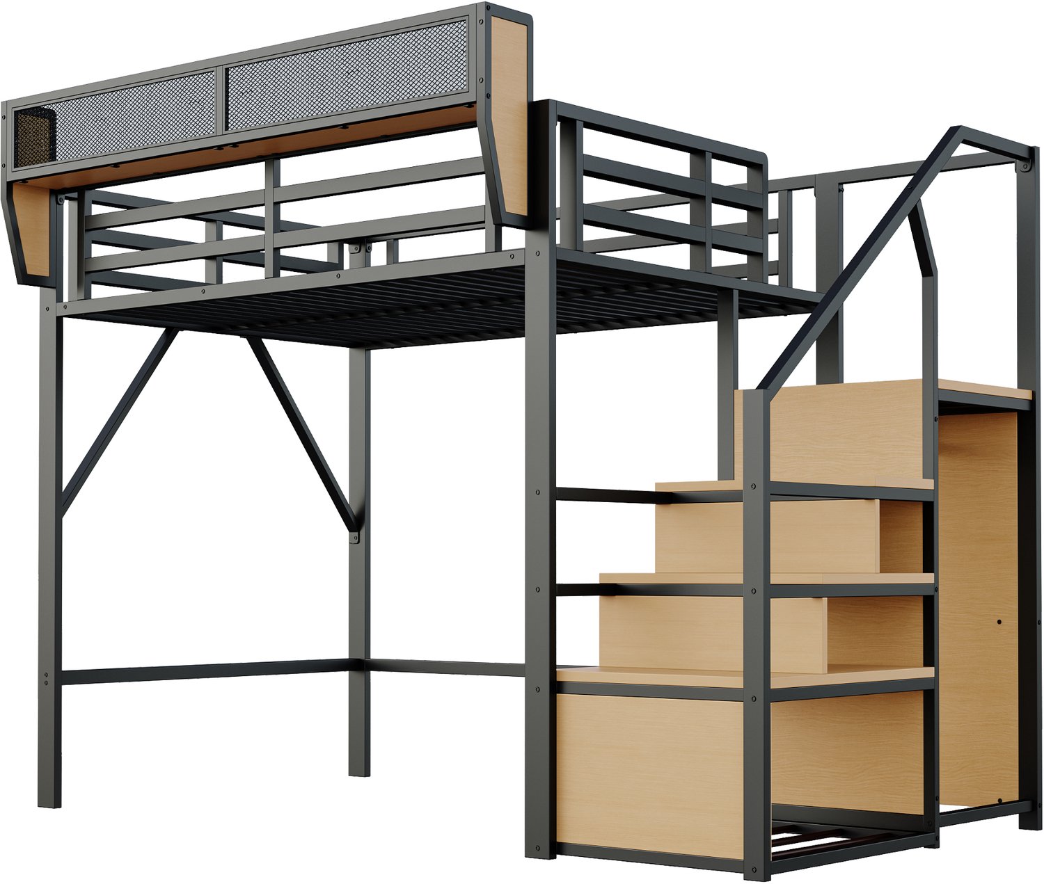 MUVANO Hoogslaper 140x200 - metalen hoogslaper met veiligheidsladder - verstelbare opbergplank - 150 kg draagvermogen - 255 x 145 x 191 cm - zwart