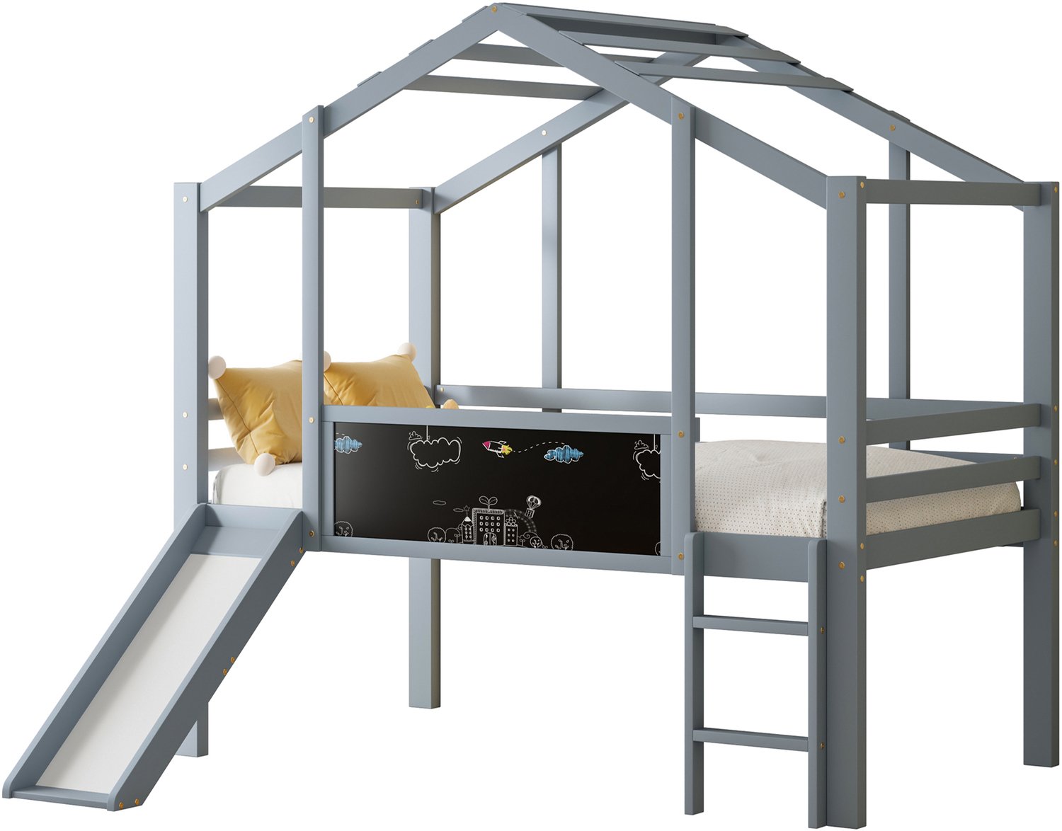 MUVANO Kinderhoogslaper 90 x 200 cm met glijbaan - huisbed van massief hout met veiligheidshekken, ladder en krijtbord voor de kinderkamer, grijs