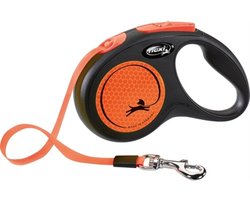 Flexi Rollijn Neon Tape Zwart Oranje S - Hondenlijn 5m tot 15kg - Reflecterend, Band op Ro