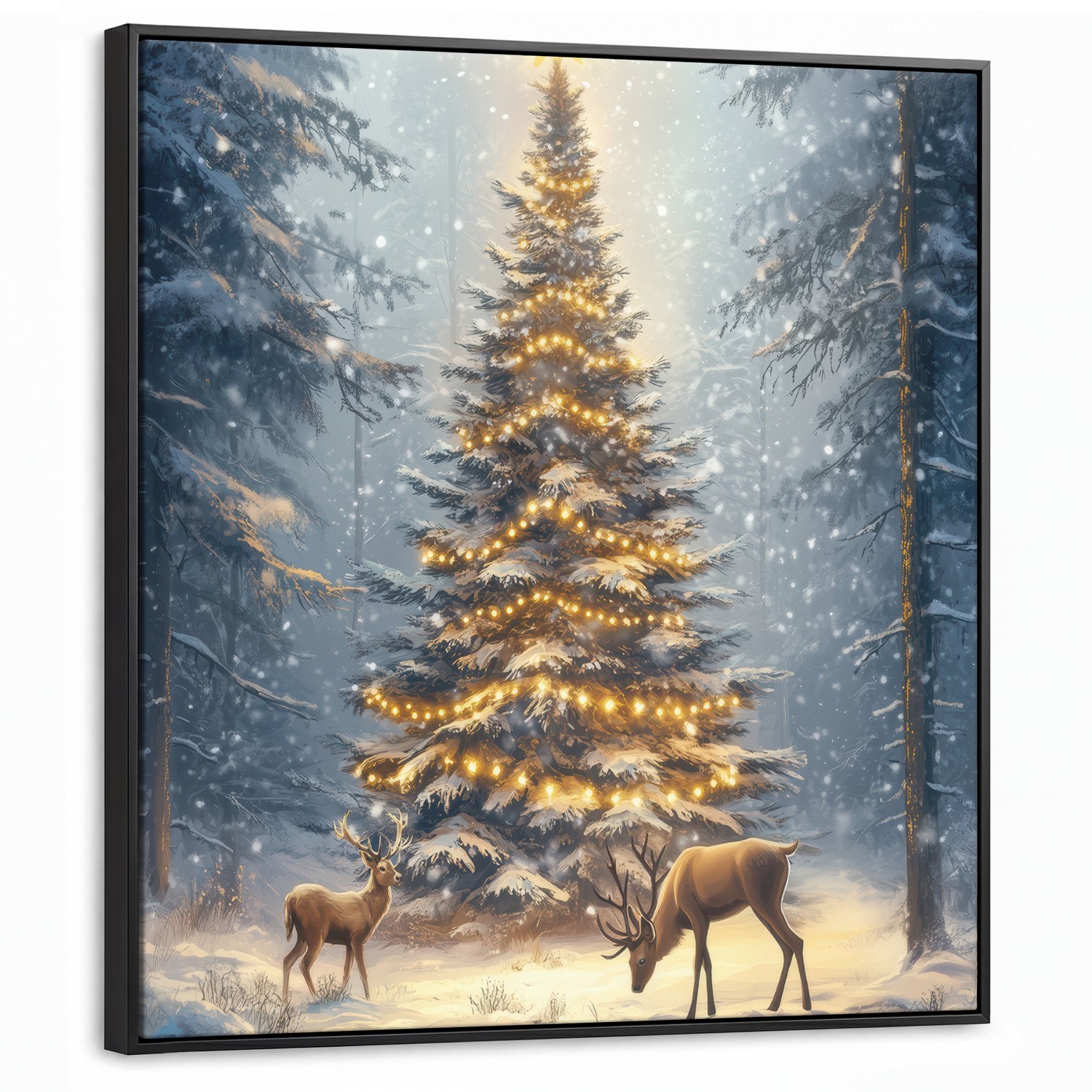 Canvas Schilderij met Baklijst 90x90cm - Kerstlicht - Woud - Hert - Donker - Muurdecoratie woonkamer - Slaapkamer decoratie - Kamer accessoires - Schilderijen op canvas met lijst