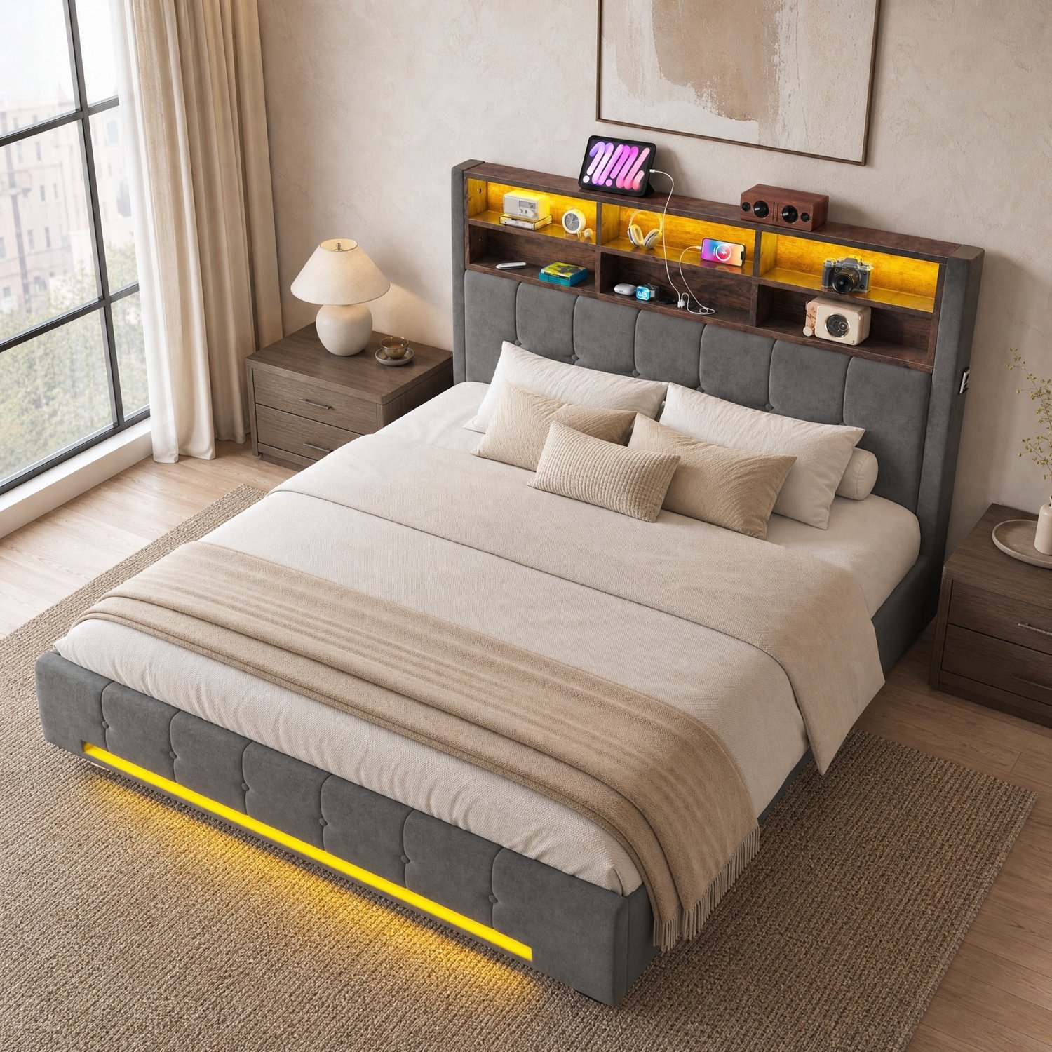 Wishdor Tweepersoonsbed 180x200 cm - Hydraulische opbergruimte - Hoofdbord met zes vakken en zijvakken - USB-C en dimbare LED-verlichting - Fluwelen bekleding - Donkergrijs