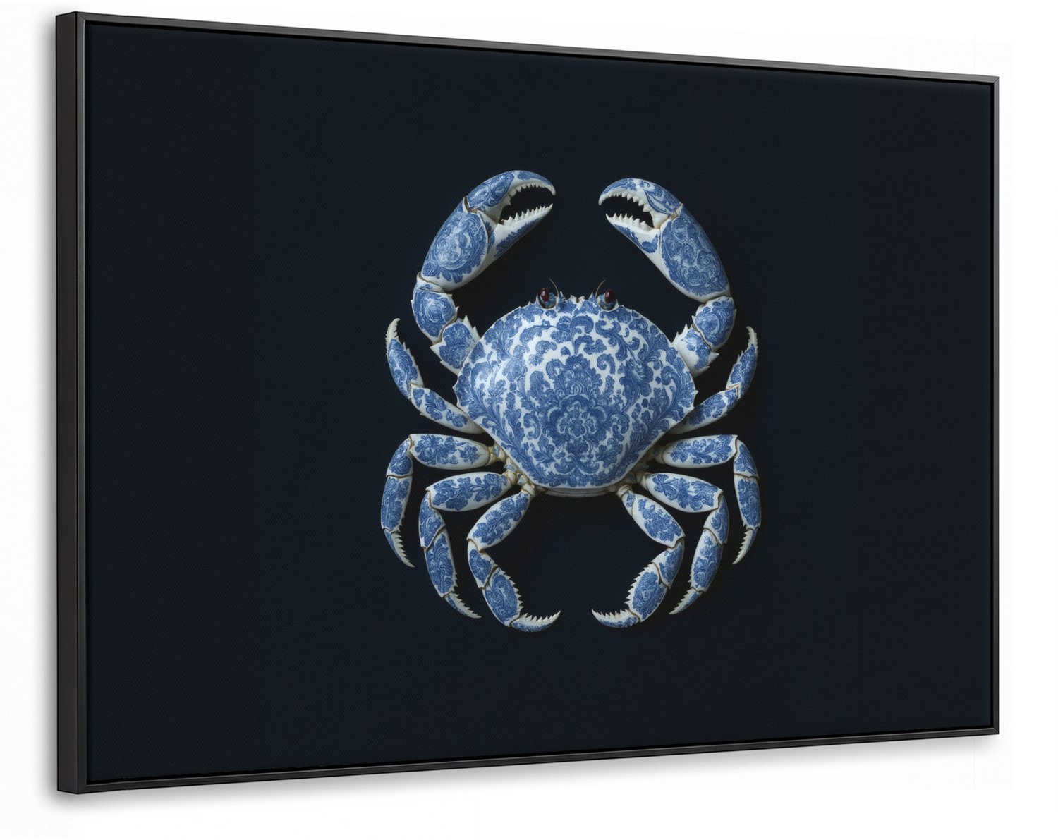 Canvas Schilderij met Baklijst XXL Canvas Schilderij met Baklijst 120x80cm - Krab - Delfts blauw - Dieren - Muurdecoratie woonkamer - Slaapkamer decoratie - Kamer accessoires - Schilderijen op canvas met lijst groot