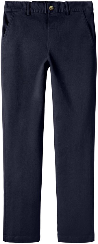 Marineblauwe chino broek met riemlussen en een enkele knoopsluiting.