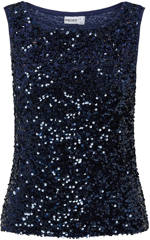 Een donkerblauw mouwloos topje met all-over pailletten en het merklogo 'PIECES'.