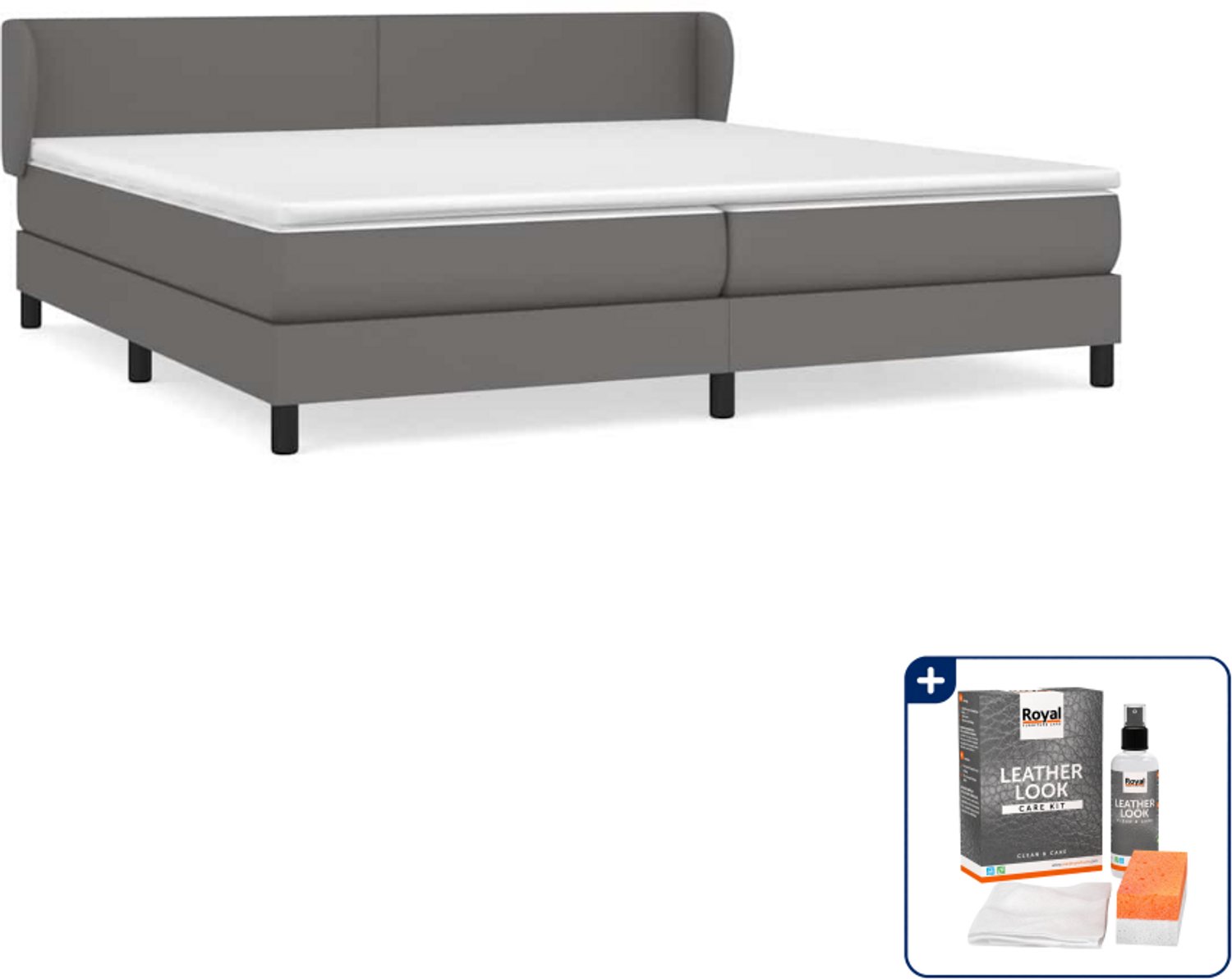 vidaXL boxspring met matras - Super kingsize - 200 x 200 cm - grijs - Inclusief onderhoudsset voor kunstleer 150 ml