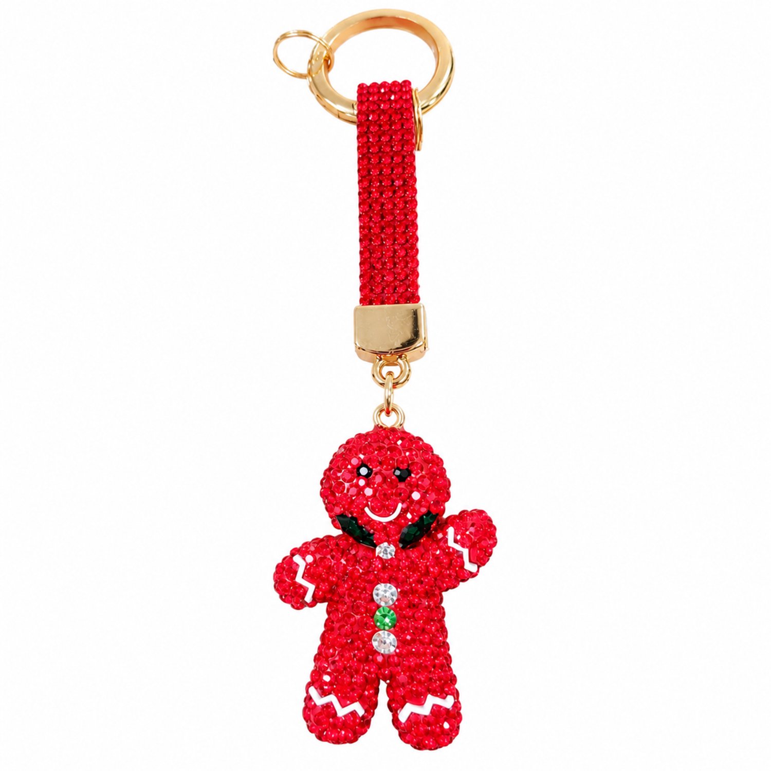 Rode sleutelhanger met peperkoekmannetje en strass, bijpassend bandje en goudkleurige ringen, ook als tashanger, individueel verpakt