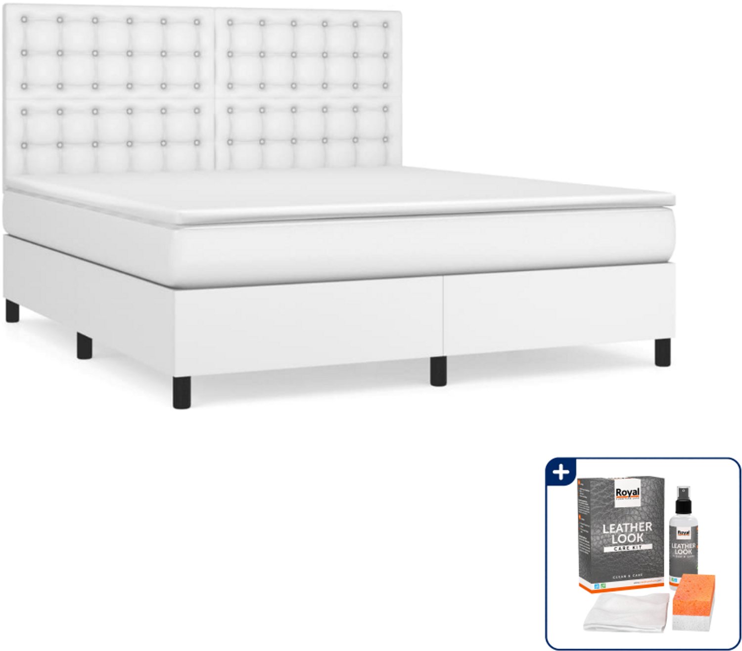 vidaXL boxspring met matras - Queensize - 160 x 200 cm - wit - Inclusief onderhoudsset voor kunstleer 150 ml