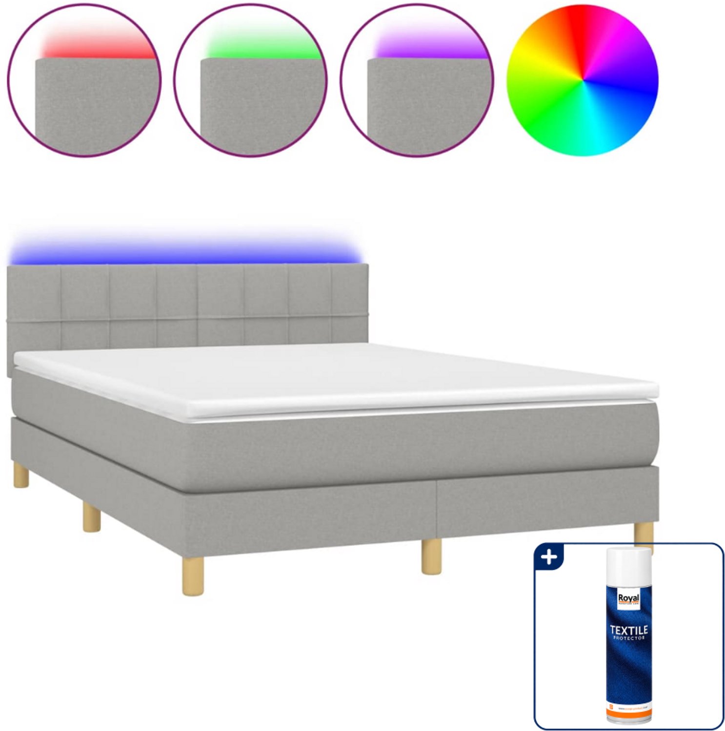 vidaXL Boxspring met matras en LED - 140 x 190 cm - lichtgrijs - Inclusief textielbeschermer 500 ml