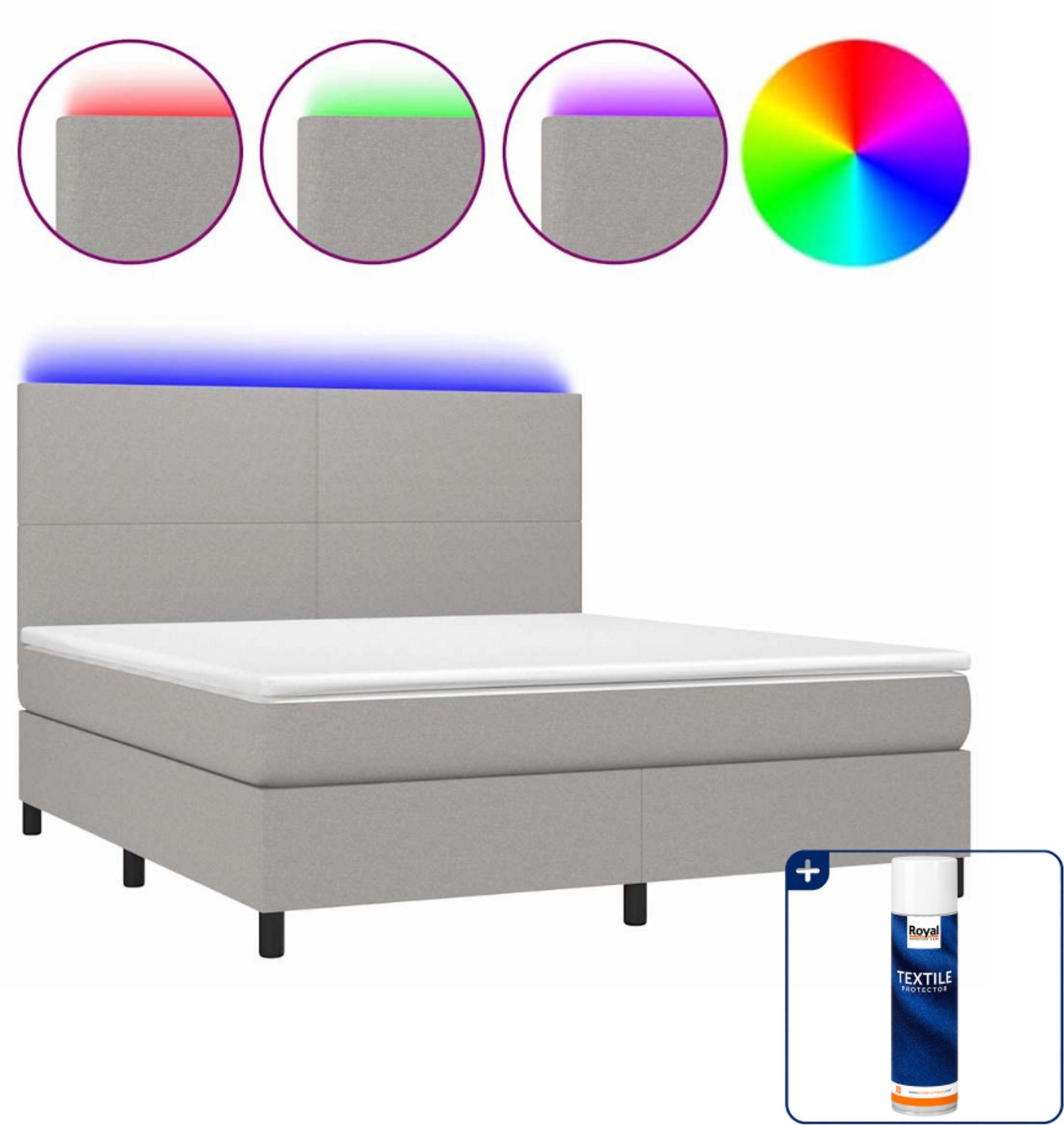 vidaXL Kingsize boxspring met matras en LED - 180 x 200 cm - lichtgrijs - Inclusief textielbeschermer 500 ml