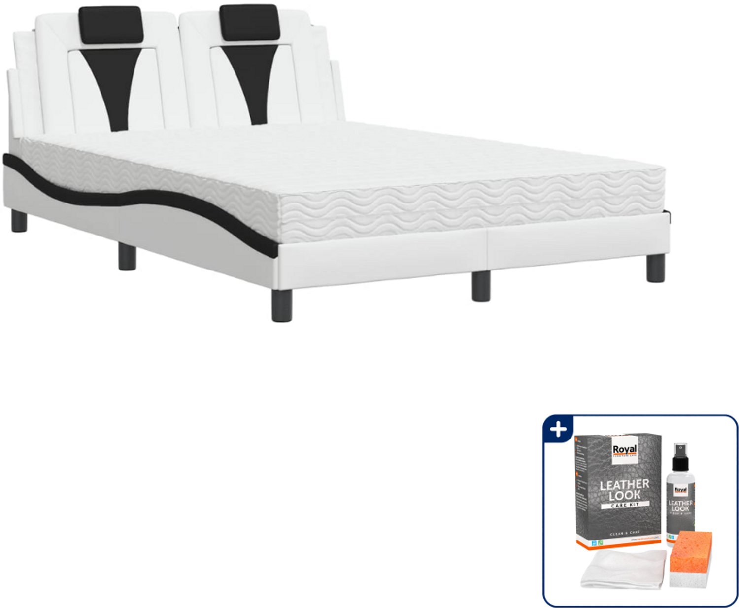 vidaXL Viana bed met matras - 140 x 190 cm - kunstleer - wit en zwart - Inclusief onderhoudsset voor kunstleer 150 ml