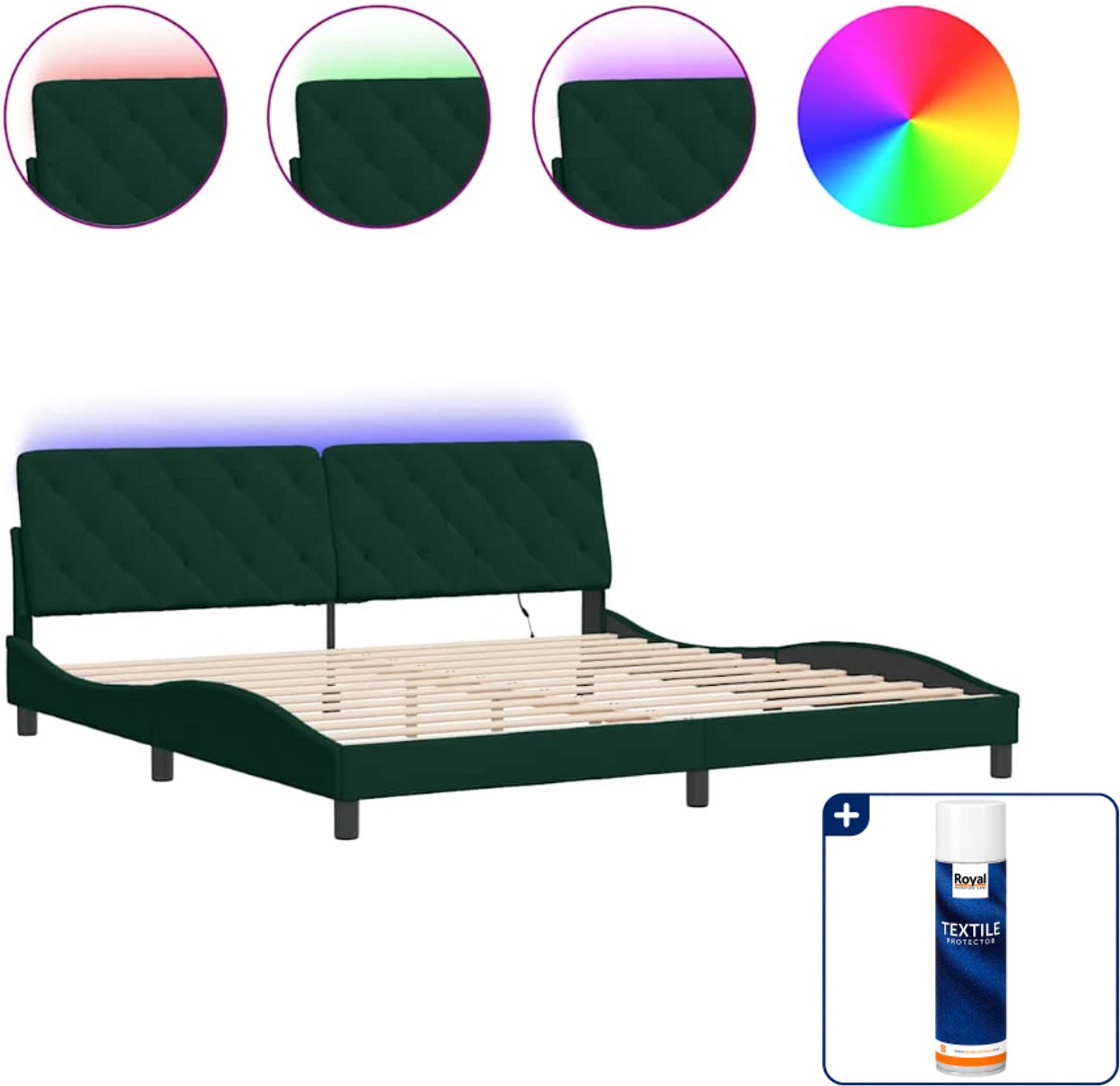 vidaXL Bedframe met LED - Super kingsize - 200 x 200 cm - donkergroen - Inclusief textielbeschermer 500 ml