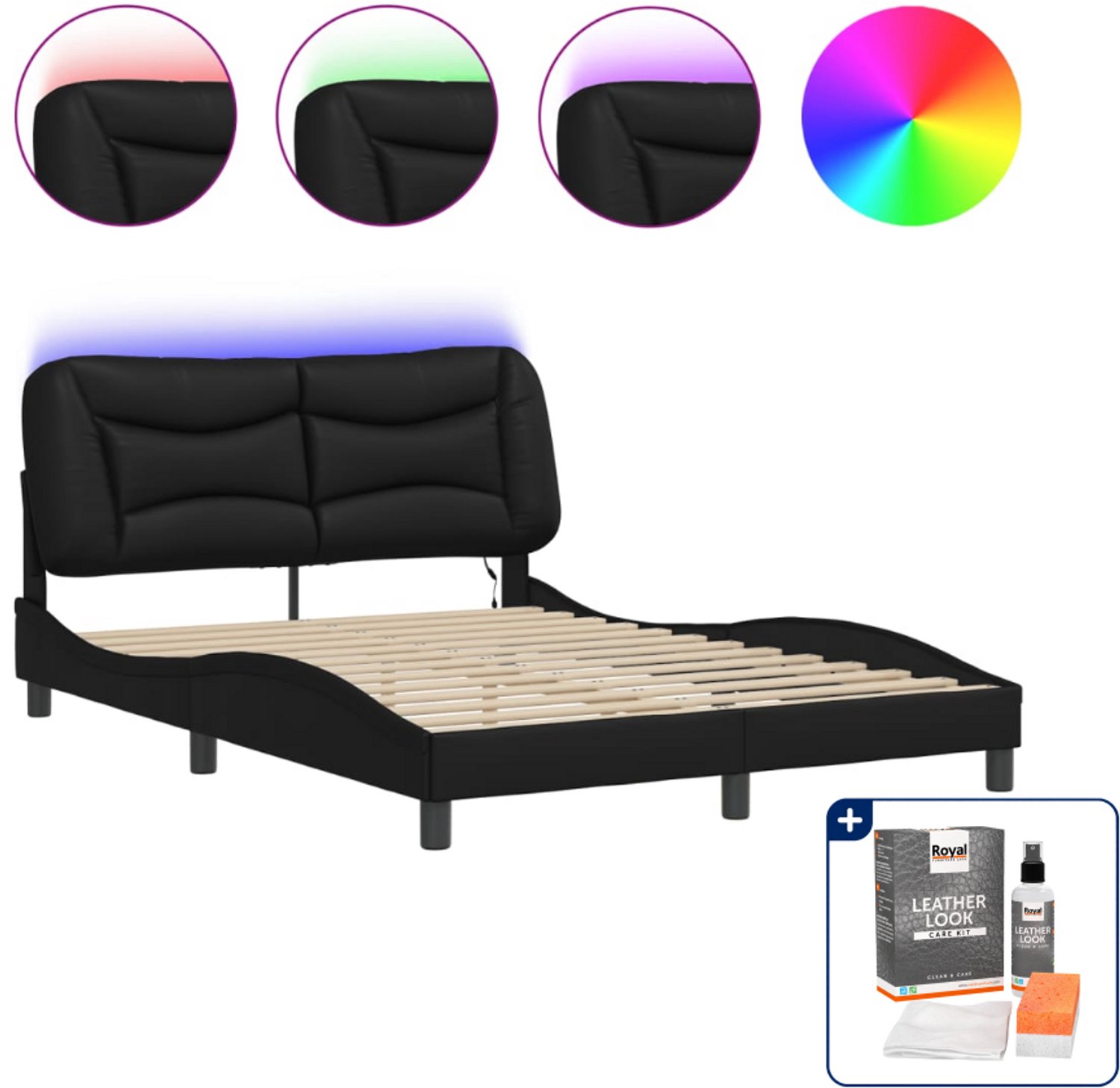 vidaXL Hvar bedframe - small double - 140 x 200 cm - zwart - Inclusief onderhoudsset voor kunstleer 150 ml Bruin