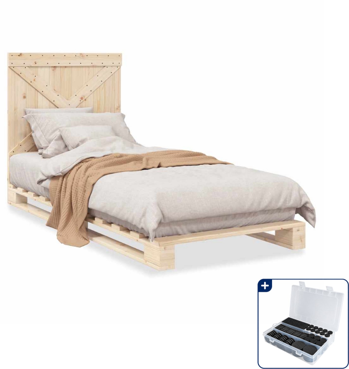 vidaXL bedframe met hoofdbord - 90 x 200 cm - massief grenenhout - Inclusief antikrasvilt 177-delig Bruin