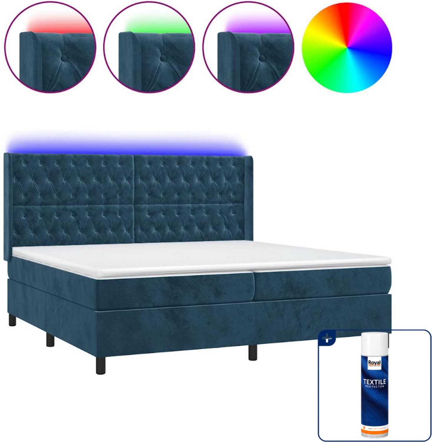 vidaXL Boxspring met matras en LED - 200 x 200 cm - fluweel - donkerblauw - Inclusief textielbeschermer 500 ml
