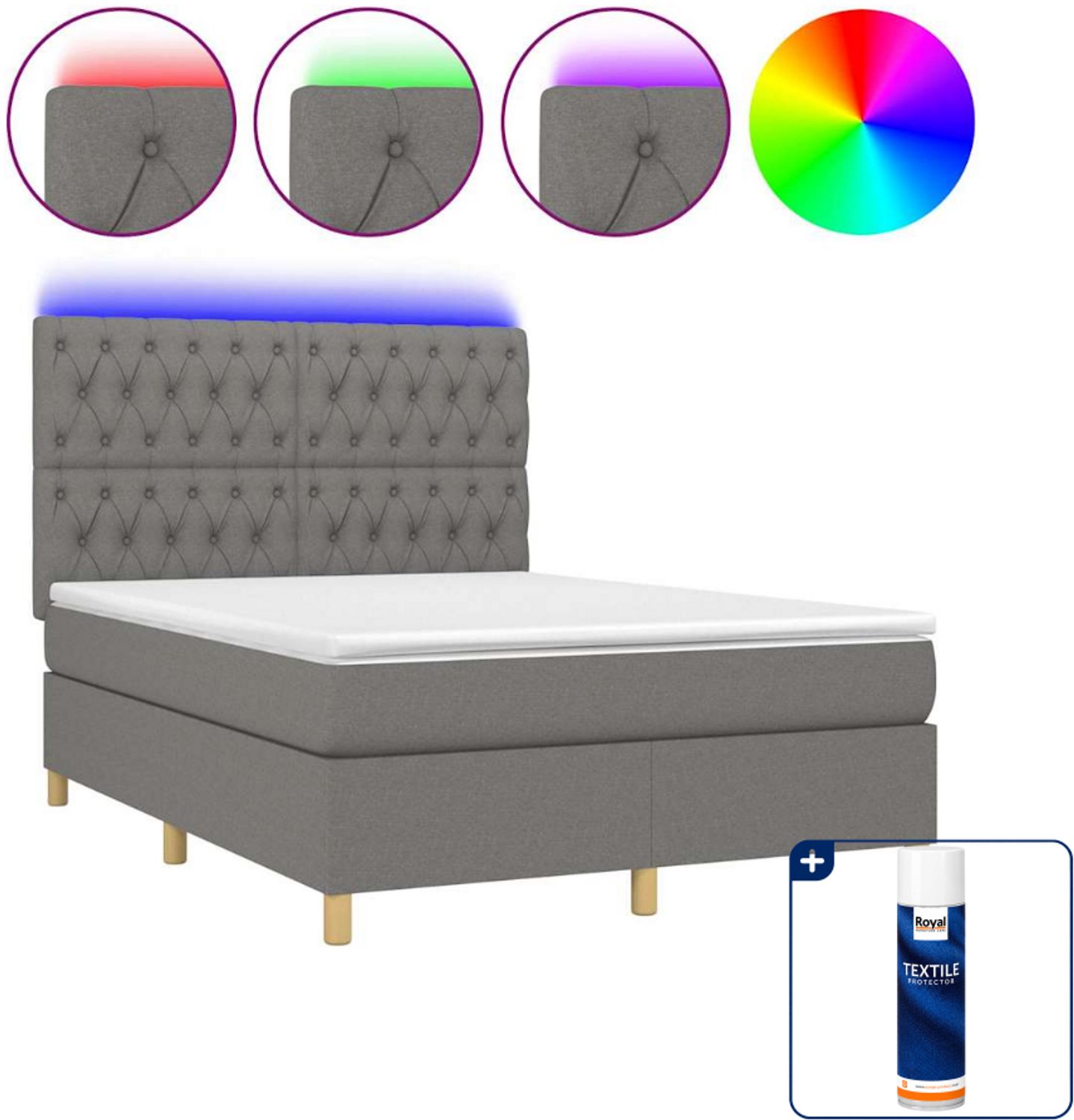 vidaXL boxspring met matras en LED - 140 x 190 cm - donkergrijs - Inclusief textielbeschermer 500 ml
