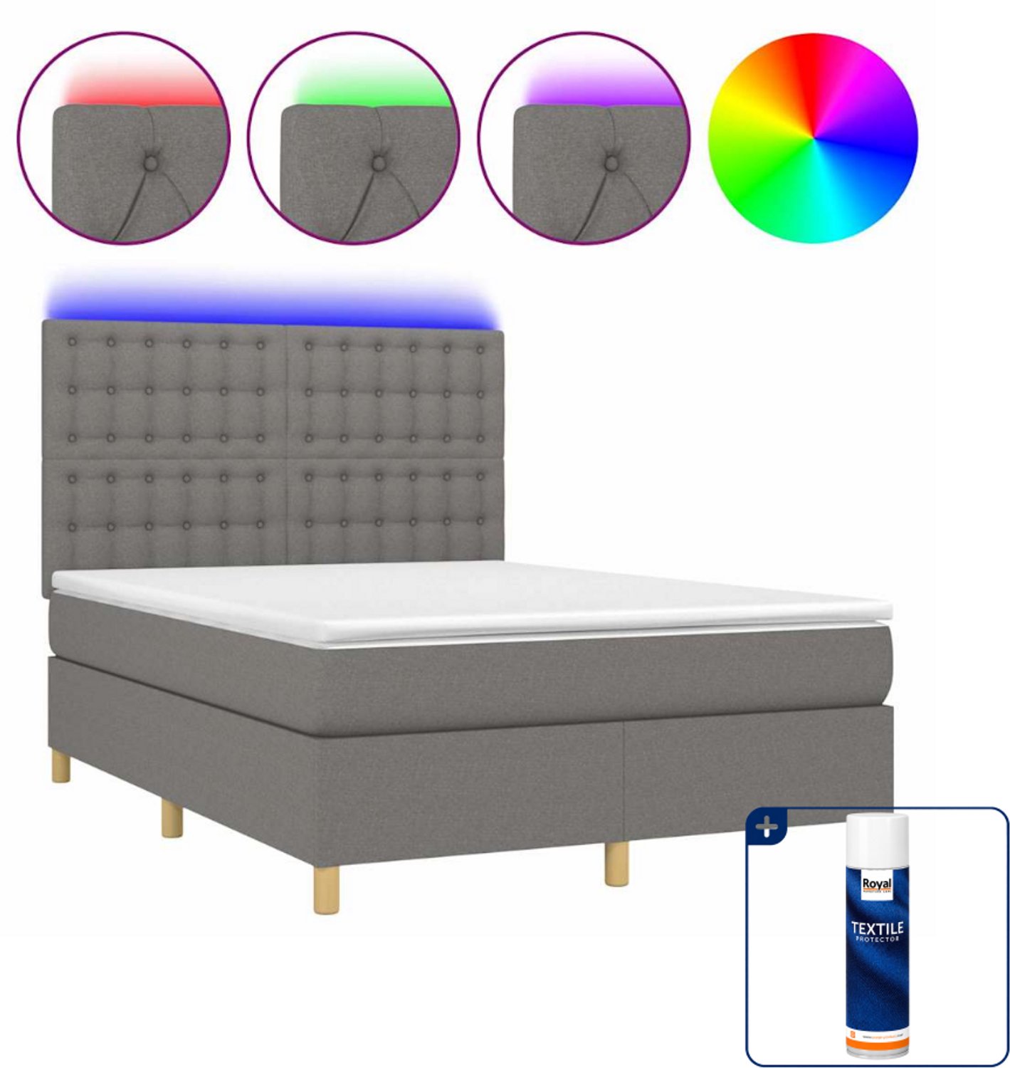 vidaXL boxspring met matras en led - 140 x 190 cm - donkergrijs - Inclusief textielbeschermer 500 ml
