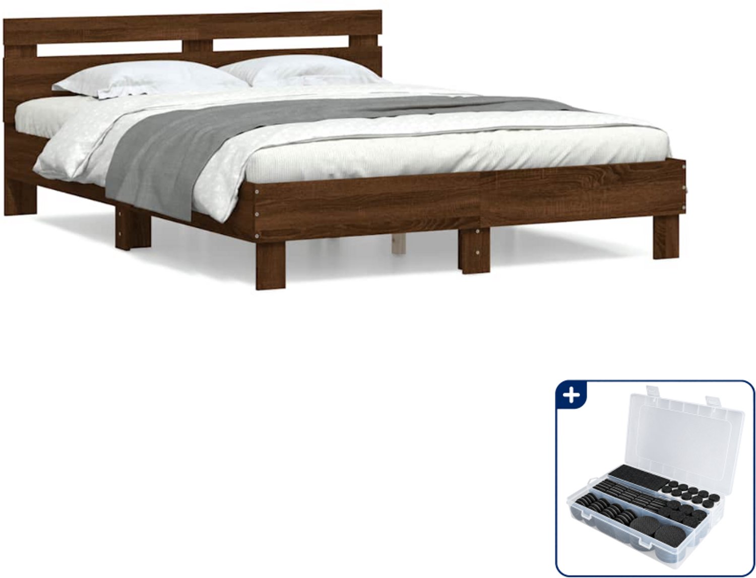 vidaXL bedframe - Small double - 140 x 200 cm - bruineiken - Inclusief antikrasvilt 177-delig Grijs