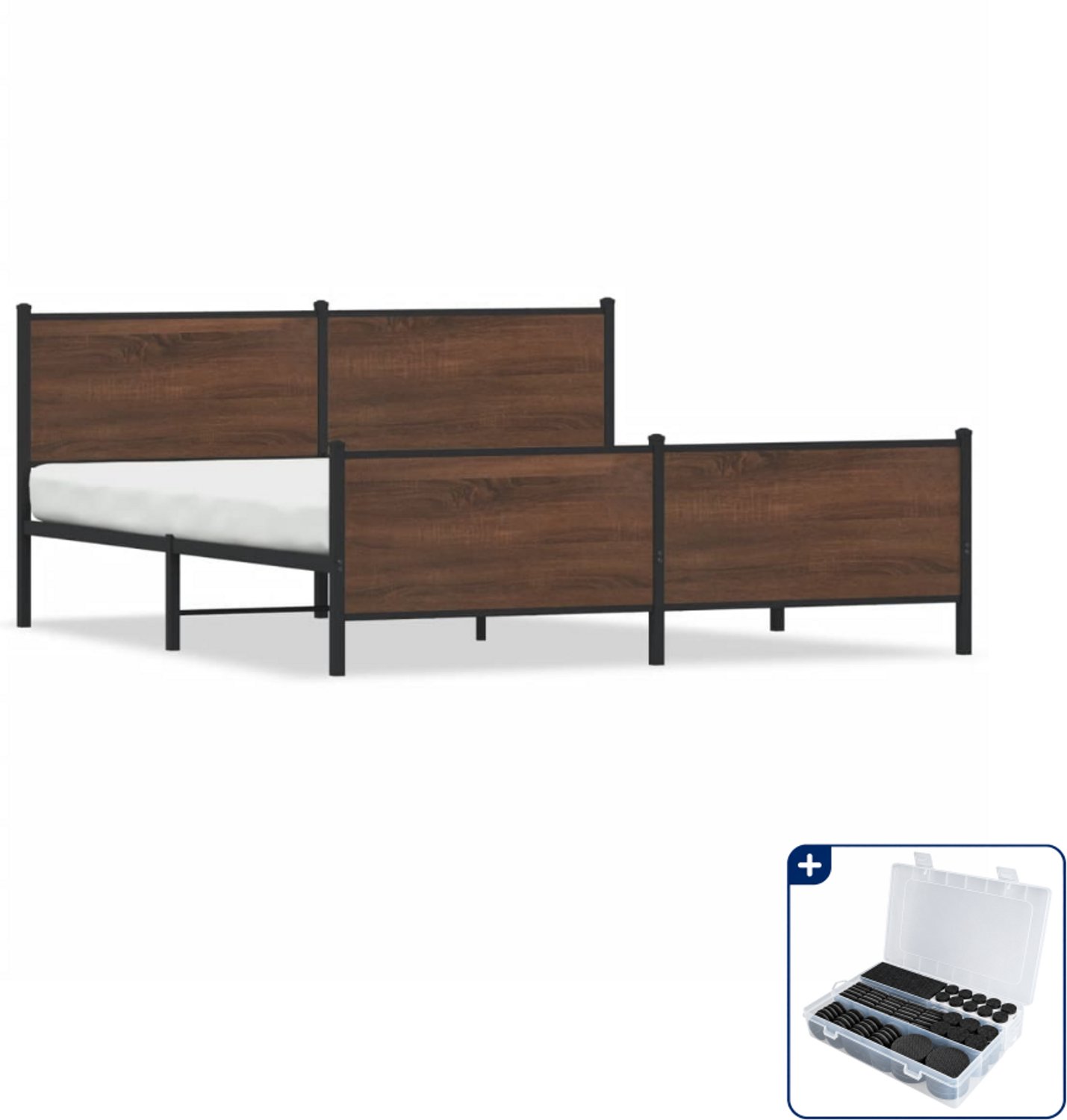 vidaXL bedframe - 183 x 213 cm - staal en bewerkt hout - bruineiken - Inclusief antikrasvilt 177-delig